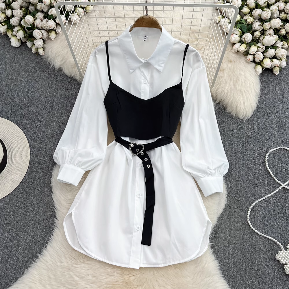 Vintage White Shirt Dress Two Piece Set for Women - Fall Autumn Outfits - Casual Office Wear & Date Night Fashion