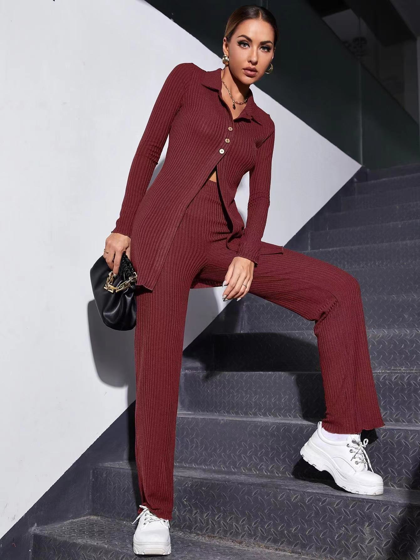 Women's Autumn Knitted Sweater Set - 2 Piece Ribbed Cardigan & Stretch Pants Outfit | Elegant Single-Breasted Top & Jacket Combo for Fall Fashion, Office Wear & Casual Outings