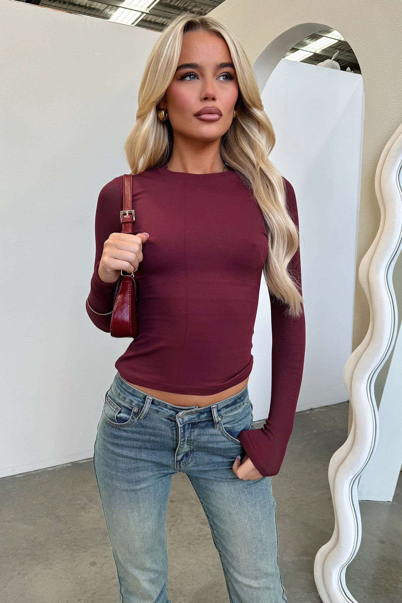 Jaylee Women's Long Sleeve T-Shirt - Soft Casual Wine Red Blouse for Everyday Wear, Work & Fall Outfits