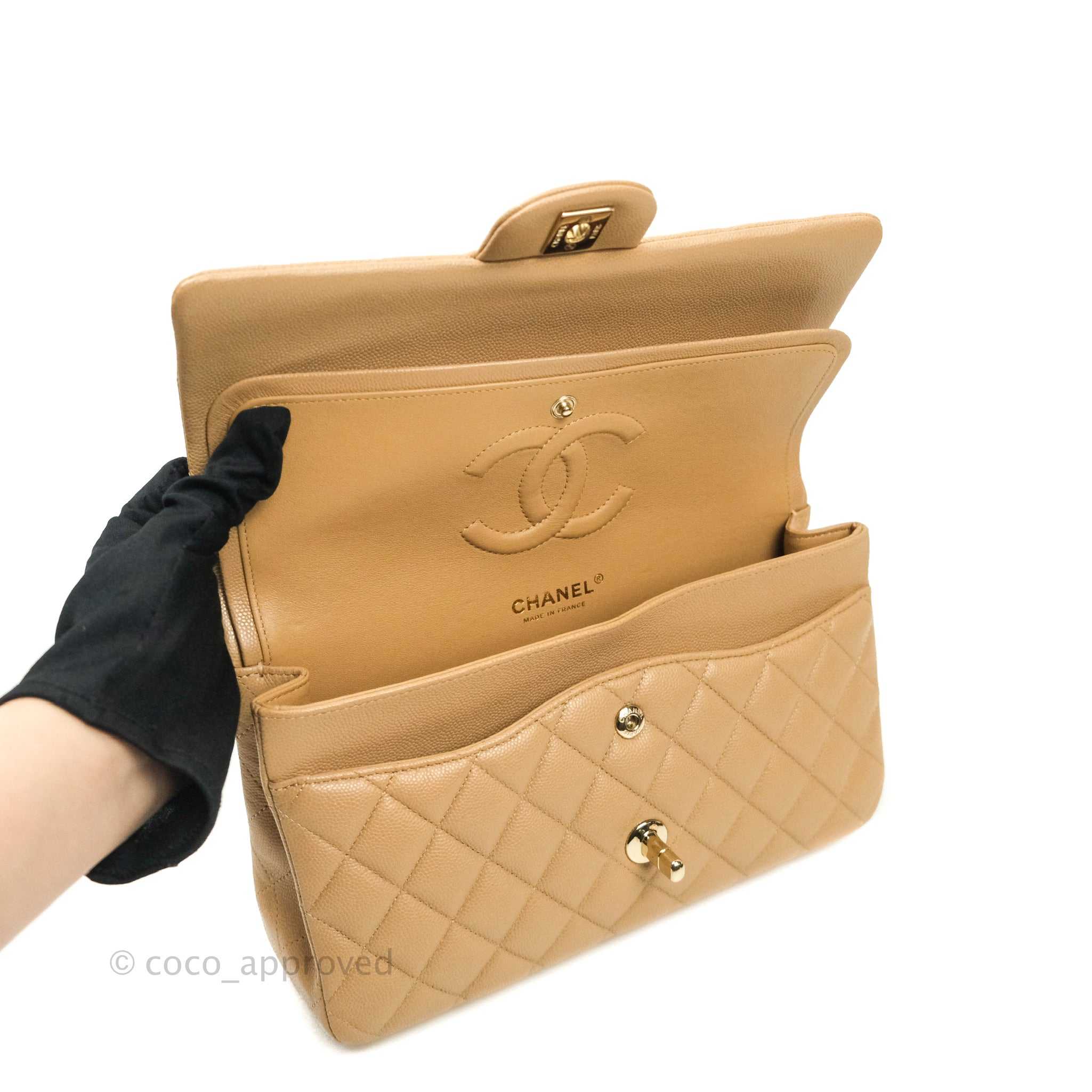 Chanel Classic Medium Double Flap Bag in Dark Beige Caviar Leather with Gold Hardware | Luxury Designer Handbag for Women | Perfect for Work, Evening Events & Special Occasions