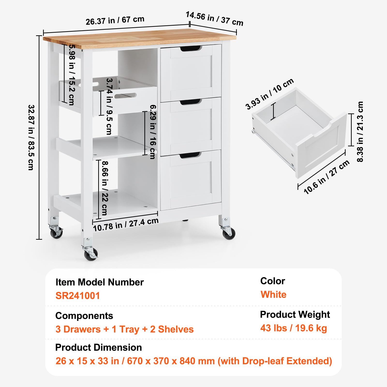 VEVOR White 26-inch Rolling Kitchen Island Cart with 3 Drawers & Shelves, Wood Top Mobile Breakfast Bar - Perfect for Dining, Kitchen, Living Room & Farmhouse Style Homes | Space-Saving Storage Solution for Small Kitchens & Entertaining Guests