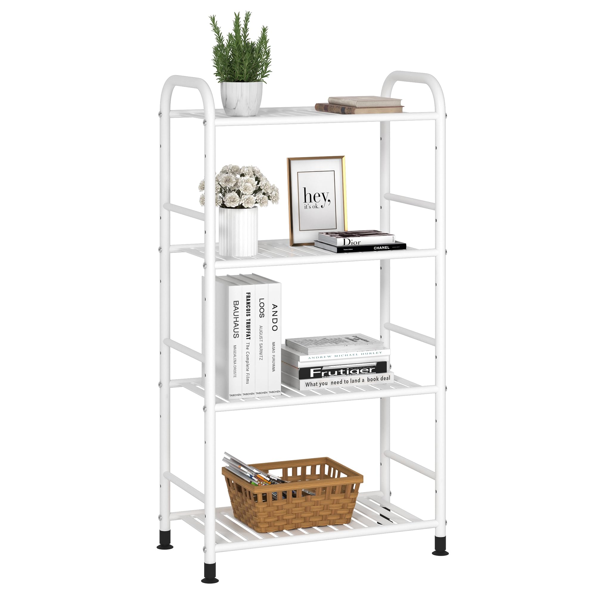 JSB 4-Tier Adjustable Metal Shelving Unit - Heavy Duty Storage Rack Organizer for Kitchen, Living Room, Laundry, Pantry & Bathroom - White Corner Shelf (Perfect for Small Spaces, Closet Organization & Home Storage Solutions)