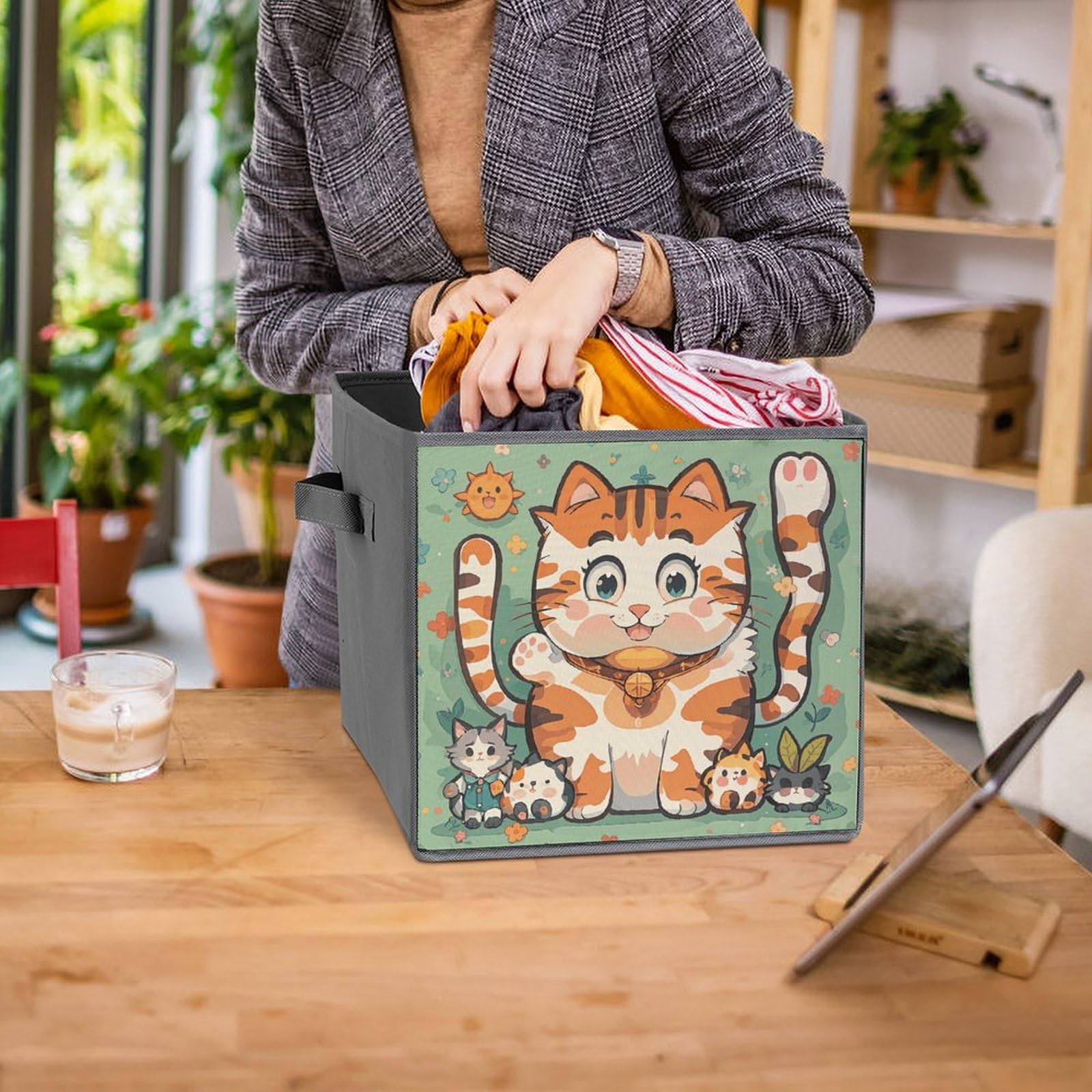 6PCS Collapsible Storage Bins with Handles - Cute Cartoon Cat Printed Foldable Organizer Boxes for Home, Kitchen, Bathroom & Closet Organization - Space Saving Storage Containers for Shelves, Cabinets & Under Bed