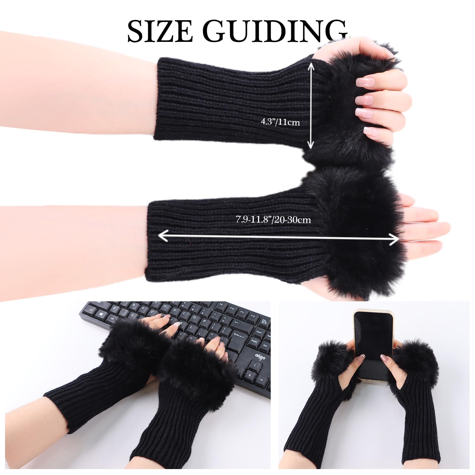 Warm Knitted Fingerless Gloves for Women - Winter Arm Warmers with Thumb Hole & Faux Fur Cuff - Cozy Hand Mittens for Office, Driving & Outdoor Activities