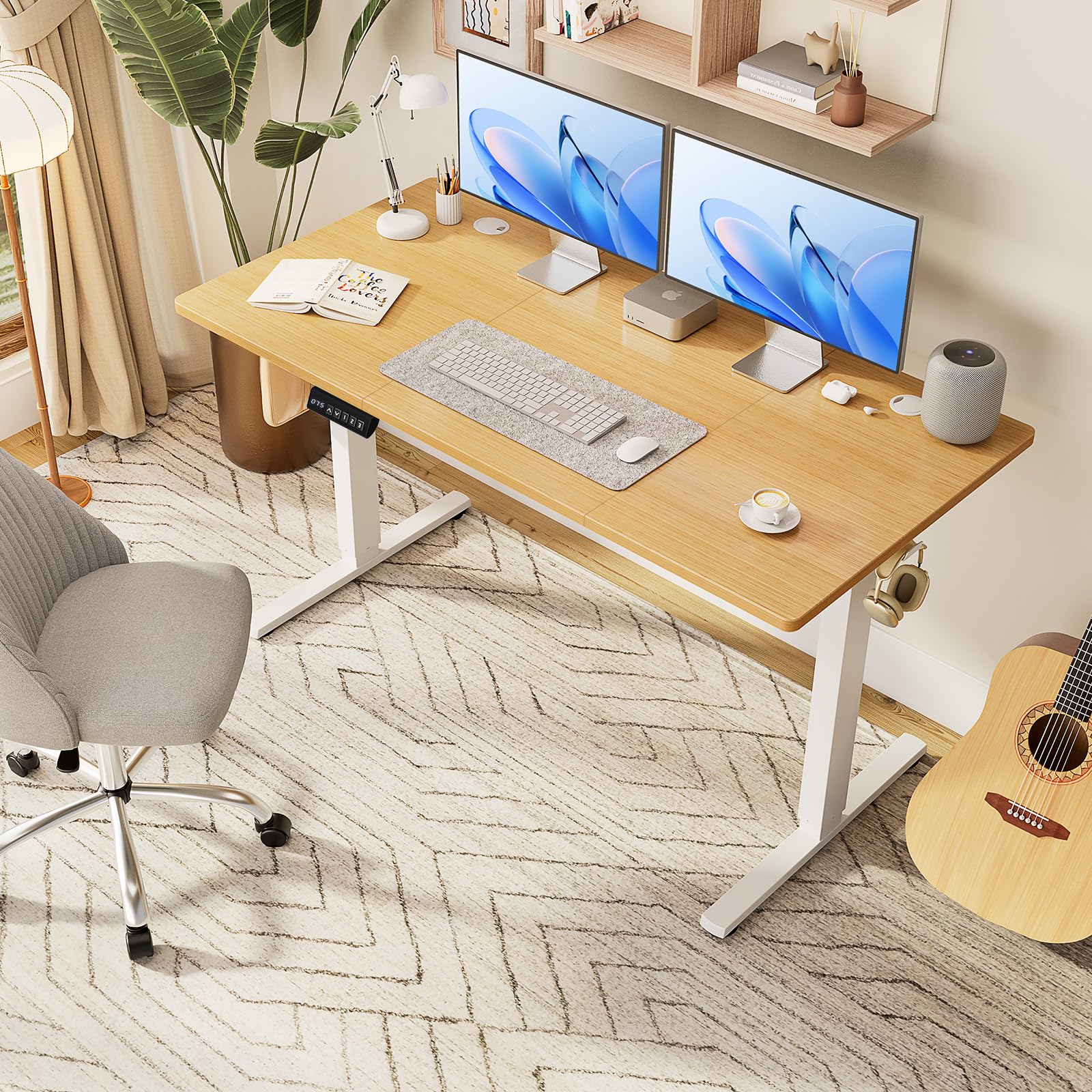 Sweetcrispy Electric Adjustable Height Standing Desk - 63 x 24 inch Sit Stand Desk with Splice Board, Ergonomic Home Office Computer Table with 2 Hooks & Cable Management for Work, Study, and Gaming