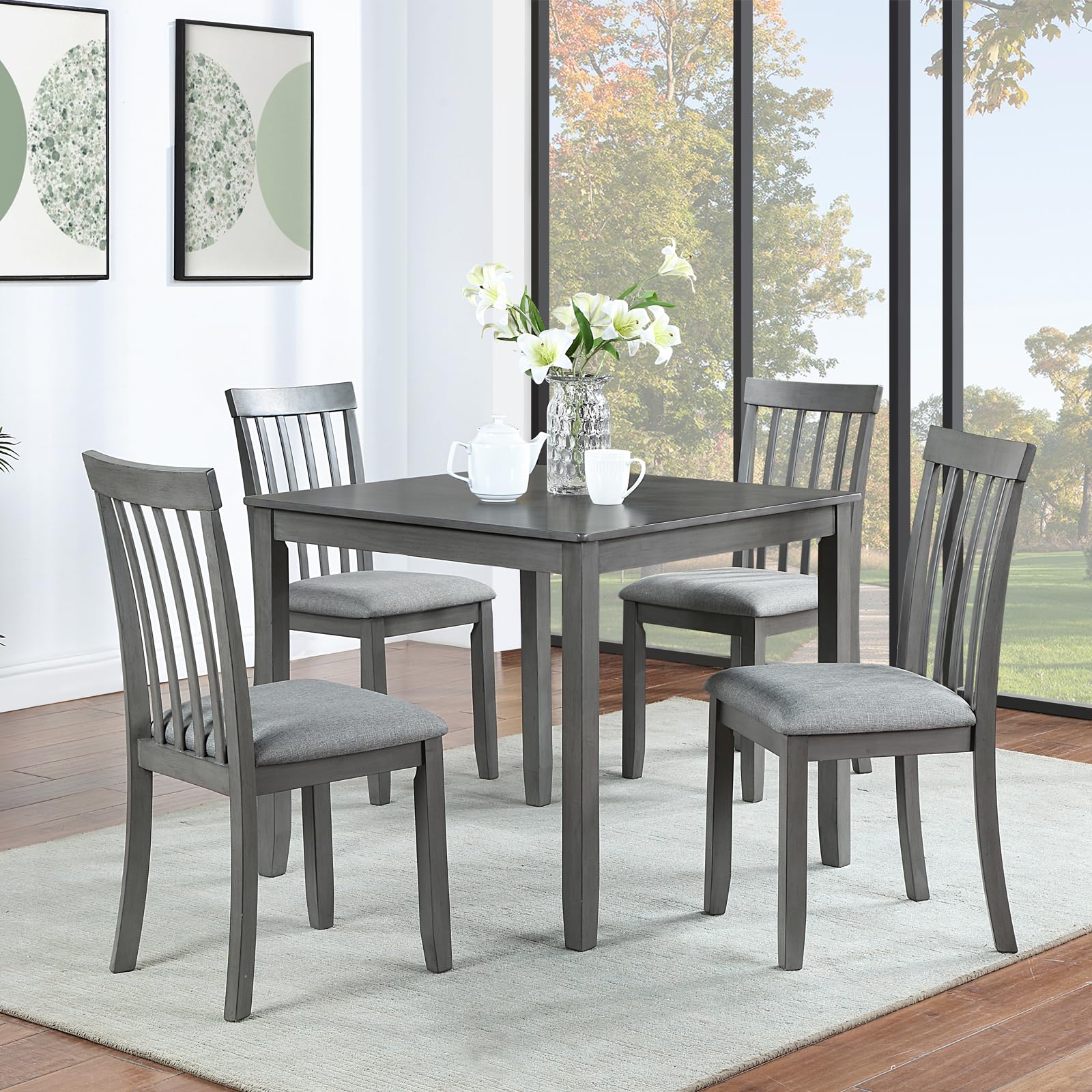 5 Piece Farmhouse Dining Table Set with 4 Upholstered Chairs - Solid Wood Kitchen Table & Chairs for Dining Room - Grey - Perfect for Family Meals, Dinner Parties & Cozy Breakfasts