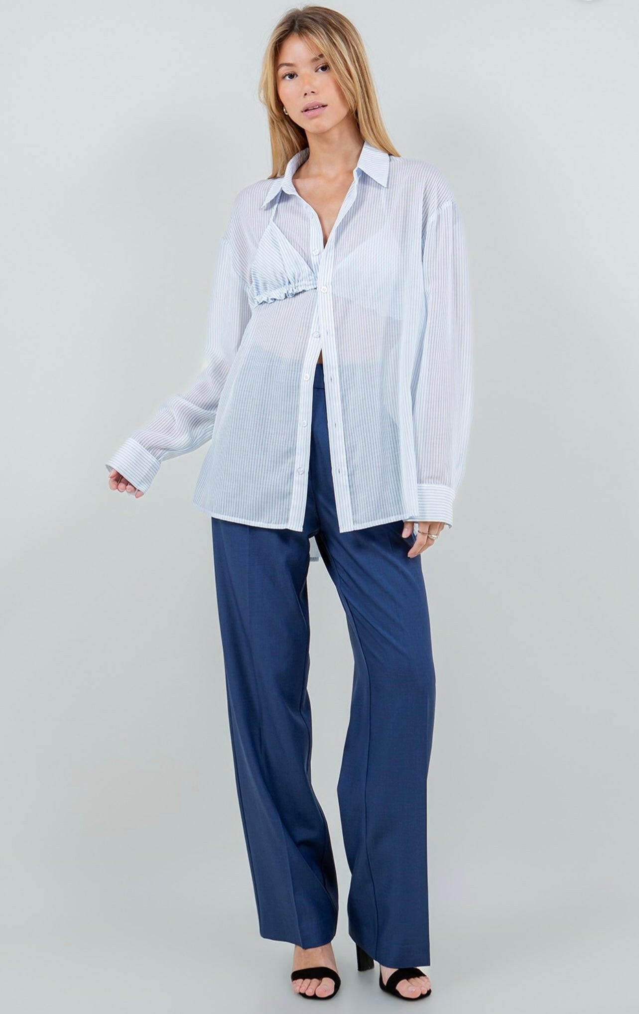 Sheer Button Up Blouse with Bikini Top - White & Blue Floral Print Women's Beach Cover Up for Summer Vacation & Pool Party