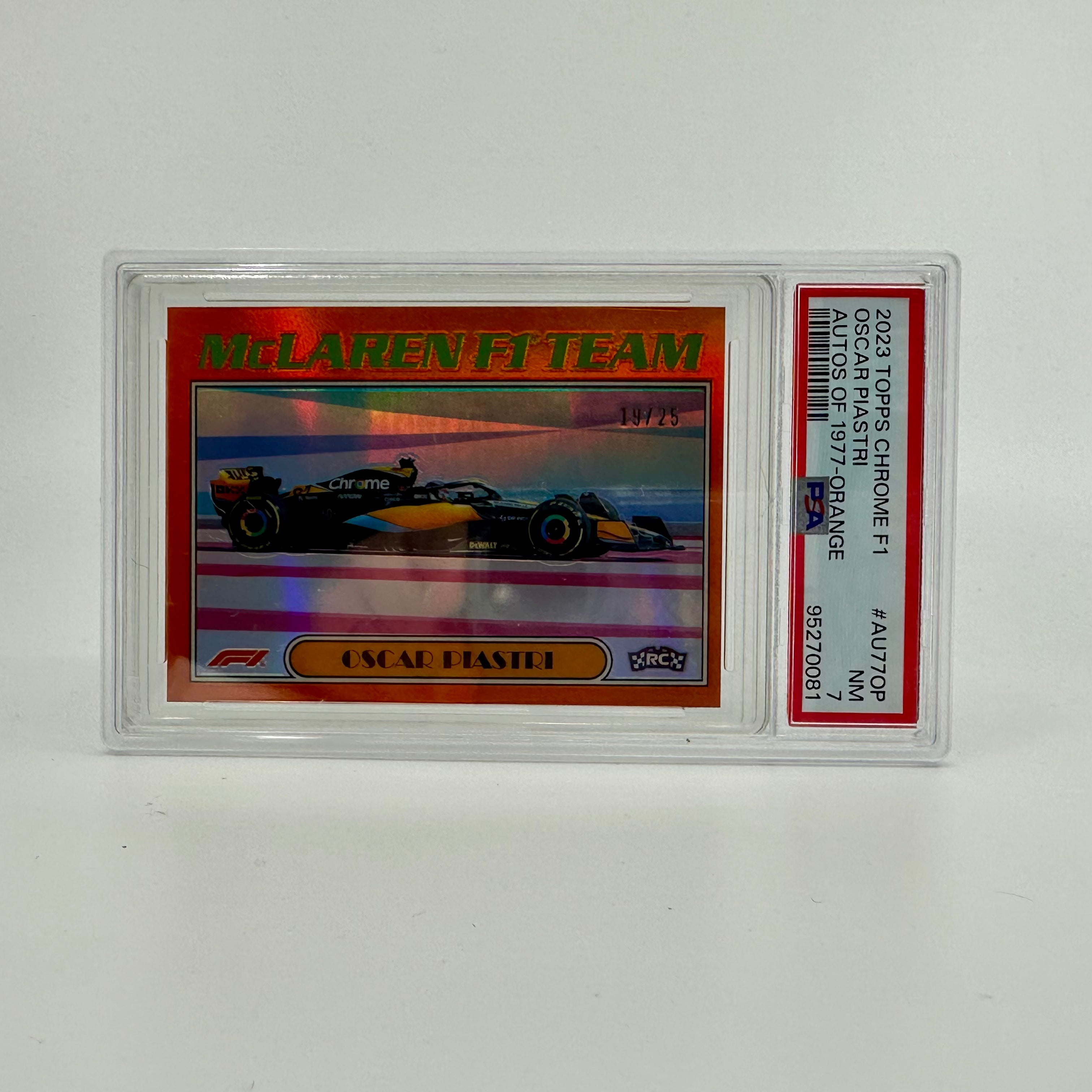 2023 Topps Chrome Oscar Piastri McLaren #AU77 Orange Refractor PSA 7 - Collectible Racing Driver Trading Card for Fans & Memorabilia Enthusiasts