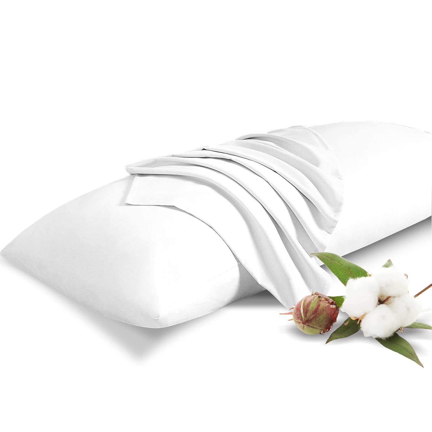 Premium 20x48 Inch Body Pillow Cover Set - 100% Egyptian Cotton 500 Thread Count, Breathable & Soft Pillowcase with Zipper Closure (White) - Ideal for Pregnancy Support, Back Pain Relief & Comfortable Sleep