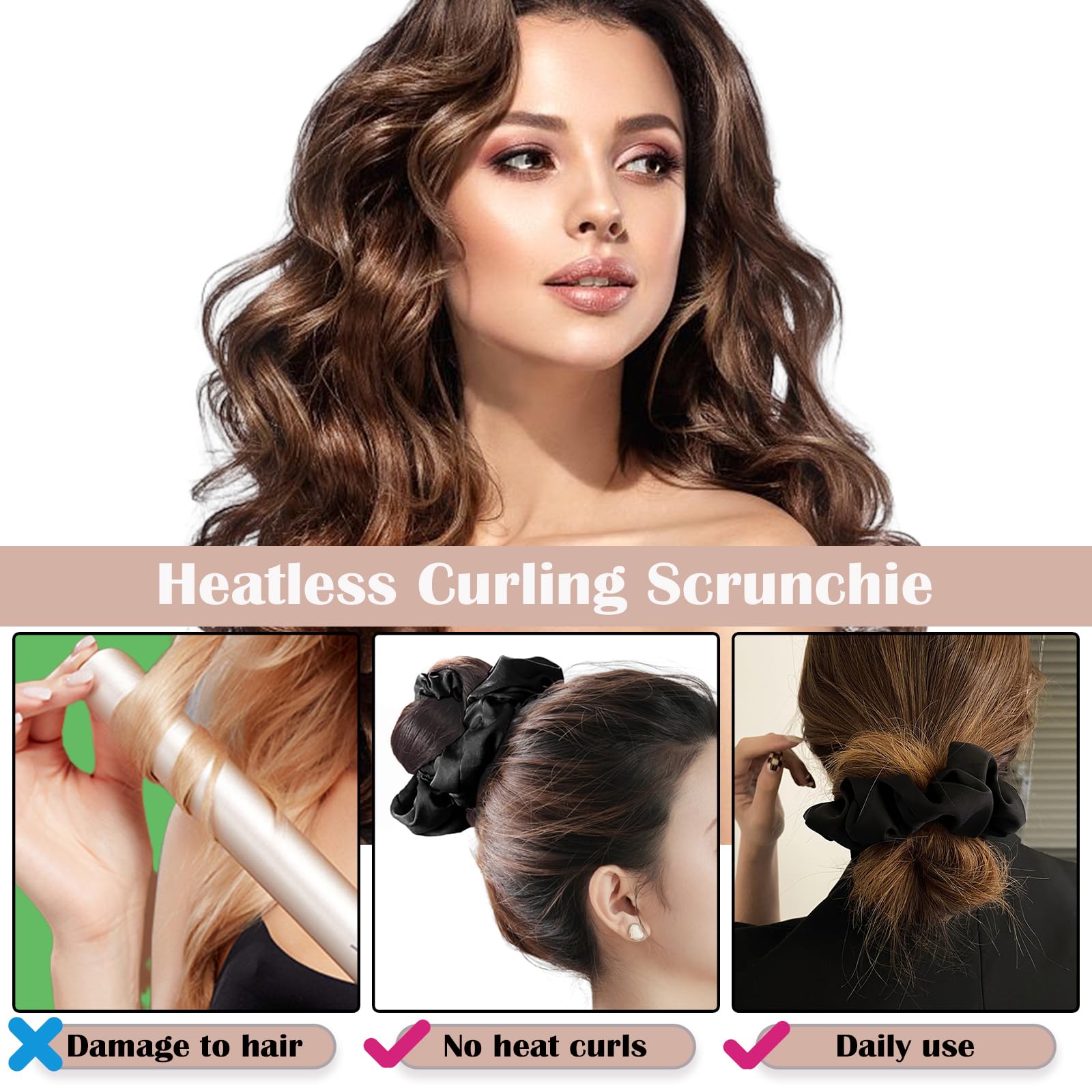 Heatless Hair Curler Set - Soft No Heat Curling Scrunchie & Headband for Long Hair | Overnight Sleeping Rollers | Perfect for Damage-Free Beach Waves & Wedding Hairstyles (Black)