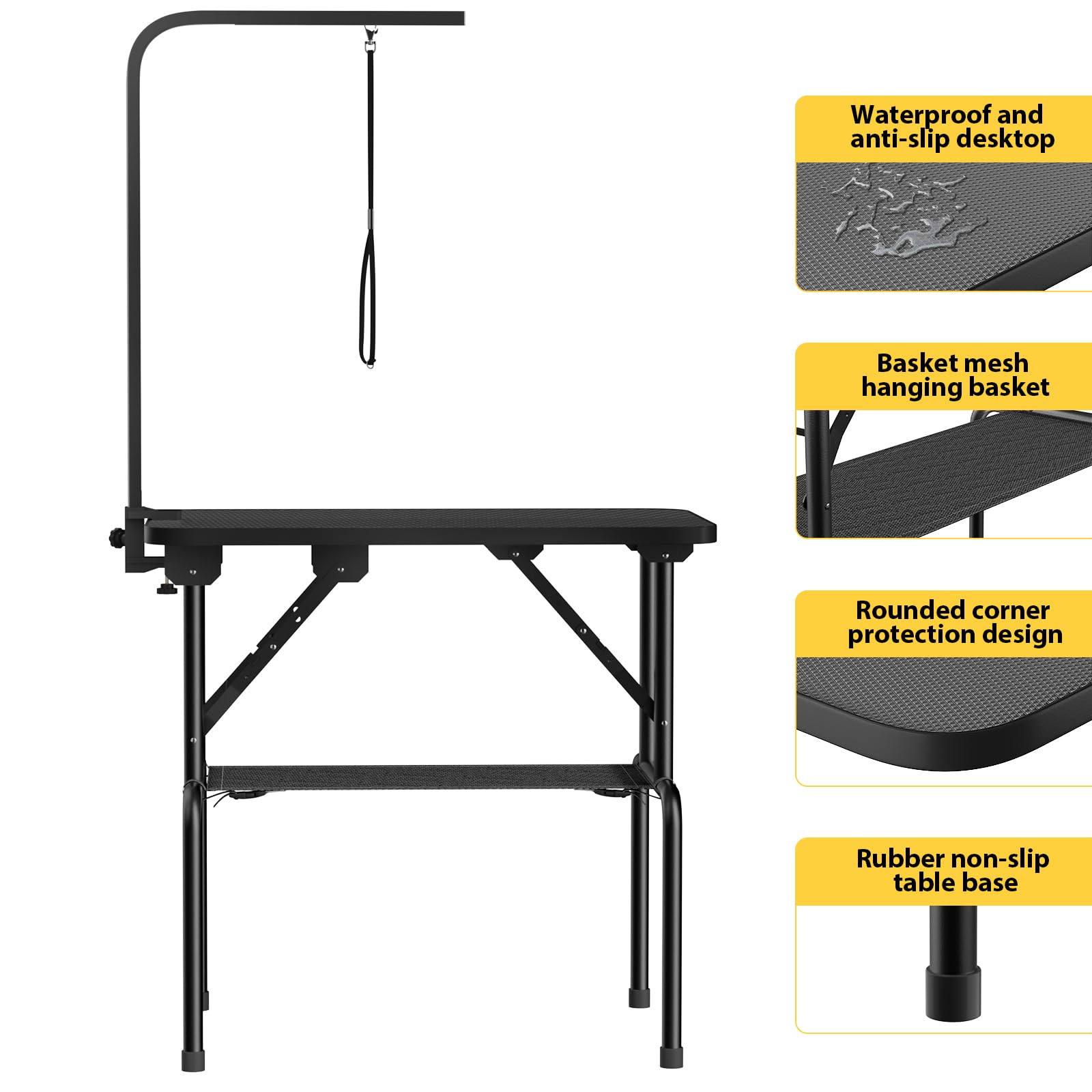 ROOMTEC 32 Inch Foldable Dog Grooming Table with Adjustable Arm, Nooses & Mesh Tray - Professional Pet Grooming Table for Home Use, Perfect for Bathing, Brushing & Nail Trimming