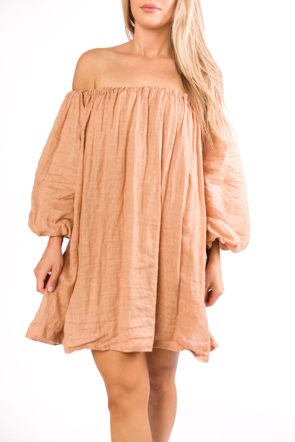 Cassidy 100% Linen Off Shoulder Mini Dress - Women's Summer Boho Dress in Mocha Brown | Beach Wedding, Vacation, Date Night Outfit
