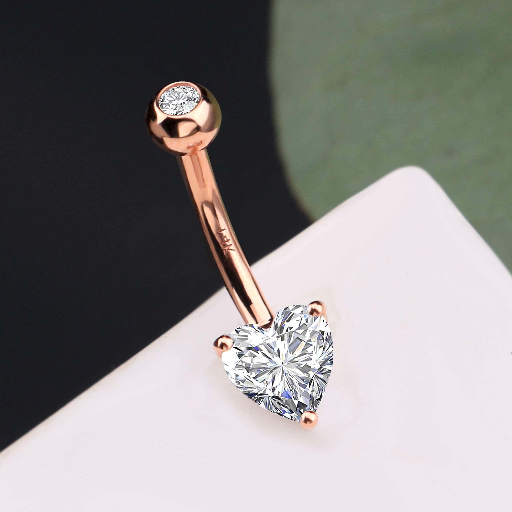 14K Solid White Gold Belly Button Rings with Heart Solitaire Cubic Zirconia - OUFER Body Piercing Jewelry for Women, Perfect for Everyday Wear, Parties, and Beach Outfits