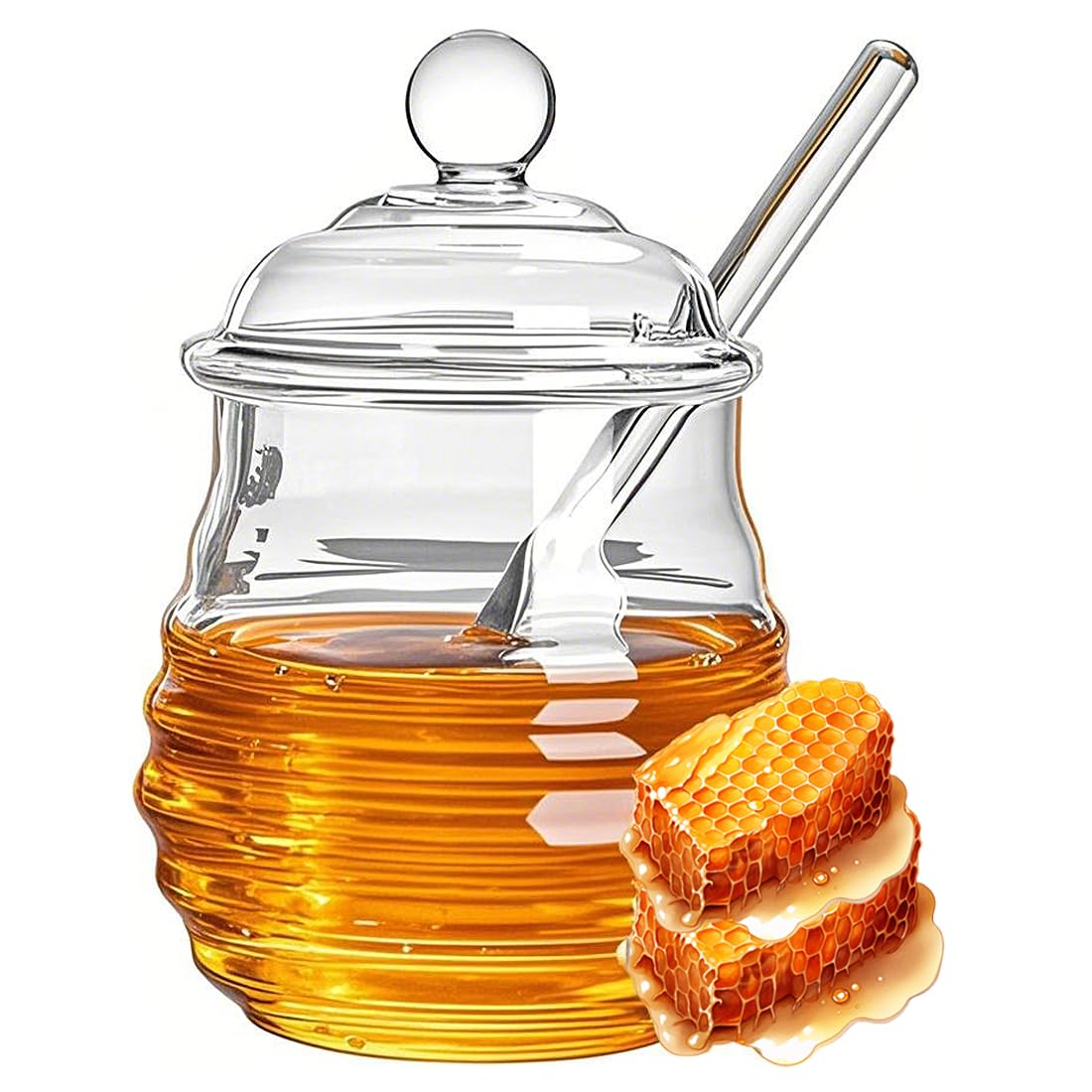 10oz Glass Honey Jar with Lid & Dipper - Heat Resistant Honey Storage for Kitchen, Coffee Bar & Gifts
