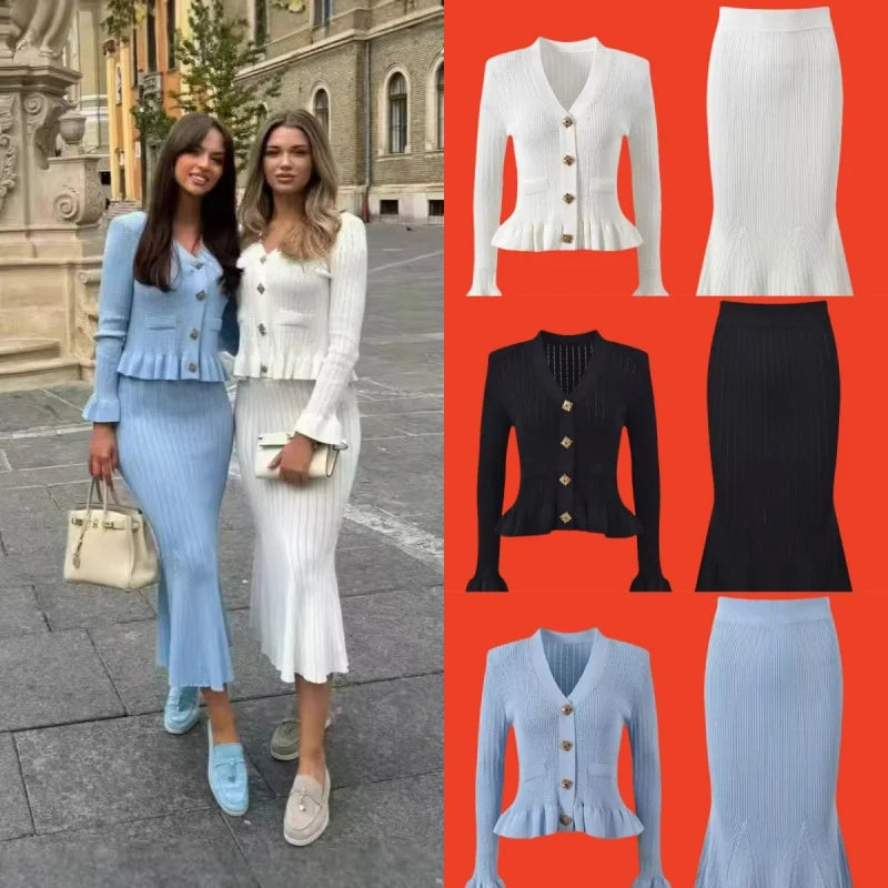 Vintage Women's Long Sleeve Ruffled Cardigan & High Waist Wrap Fishtail Skirt 2-Piece Set - Autumn Winter Knit Sweater Outfit for Casual Wear, Office, Date Night