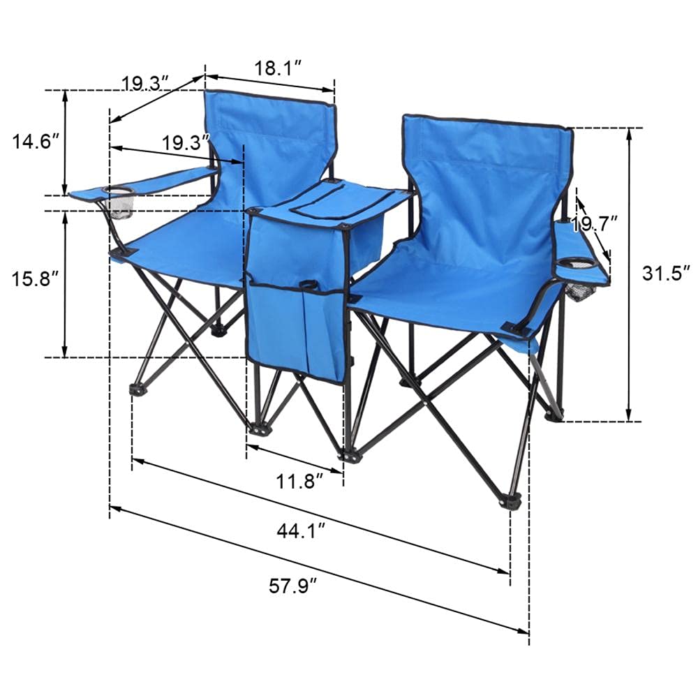 **2-Person Double Folding Picnic Chairs with Removable Umbrella, Mini Table & Beverage Holder - Portable Camping, Beach, Garden, Patio & Outdoor Chairs - Includes Carrying Bag (Blue)**    **Usage Scenarios:** Perfect for camping trips, beach outings, picnics, backyard relaxation, fishing, and outdoor events.