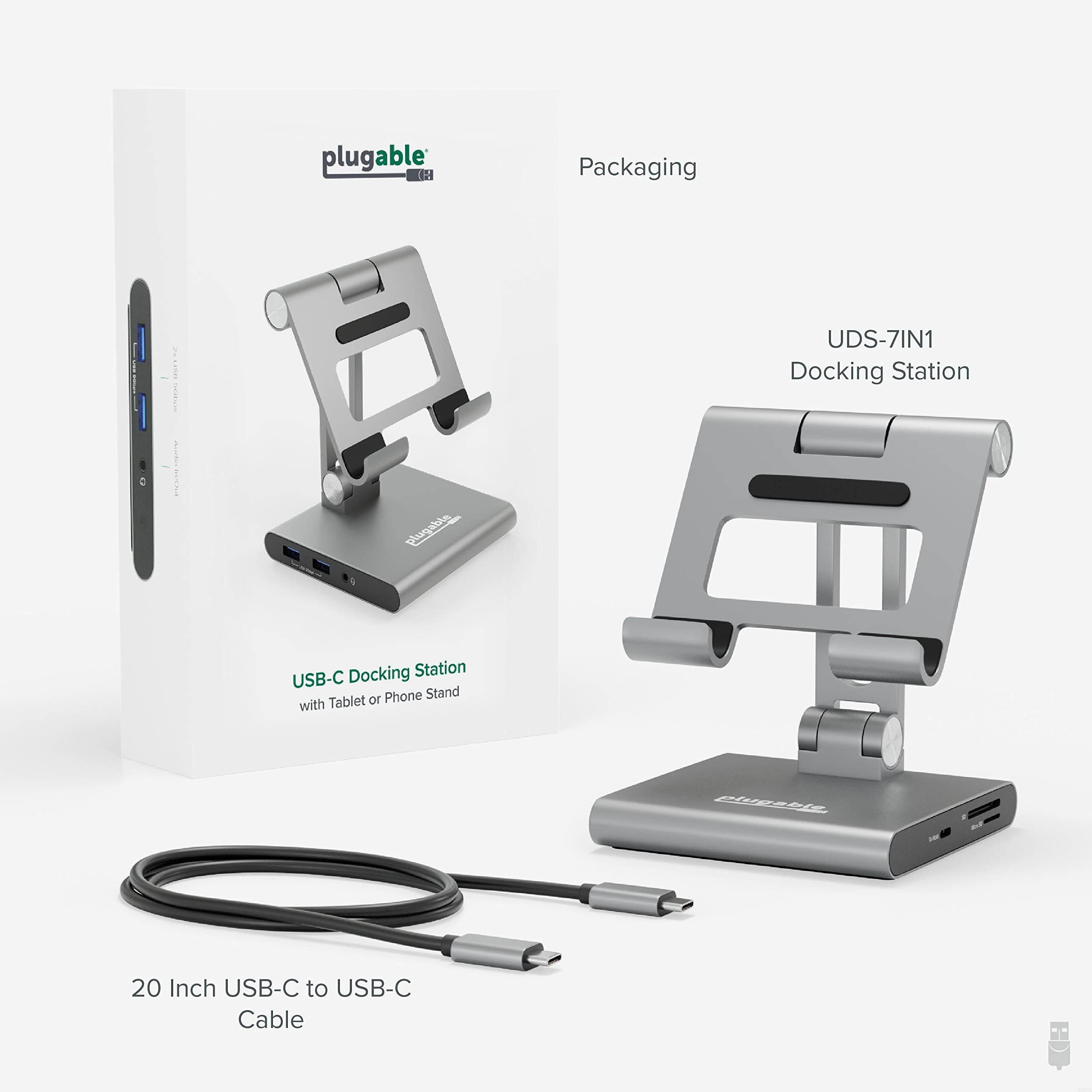 Plugable 8-in-1 USB C Hub with Stand for iPad Pro/Air/Mini - 100W PD Charging, HDMI 4K, 2x USB 3.0, SD/TF Card Reader, 3.5mm Audio - Driverless Docking Station for Windows, Mac, iPadOS, Android - Perfect for Home Office, Travel & Multi-Screen Productivity