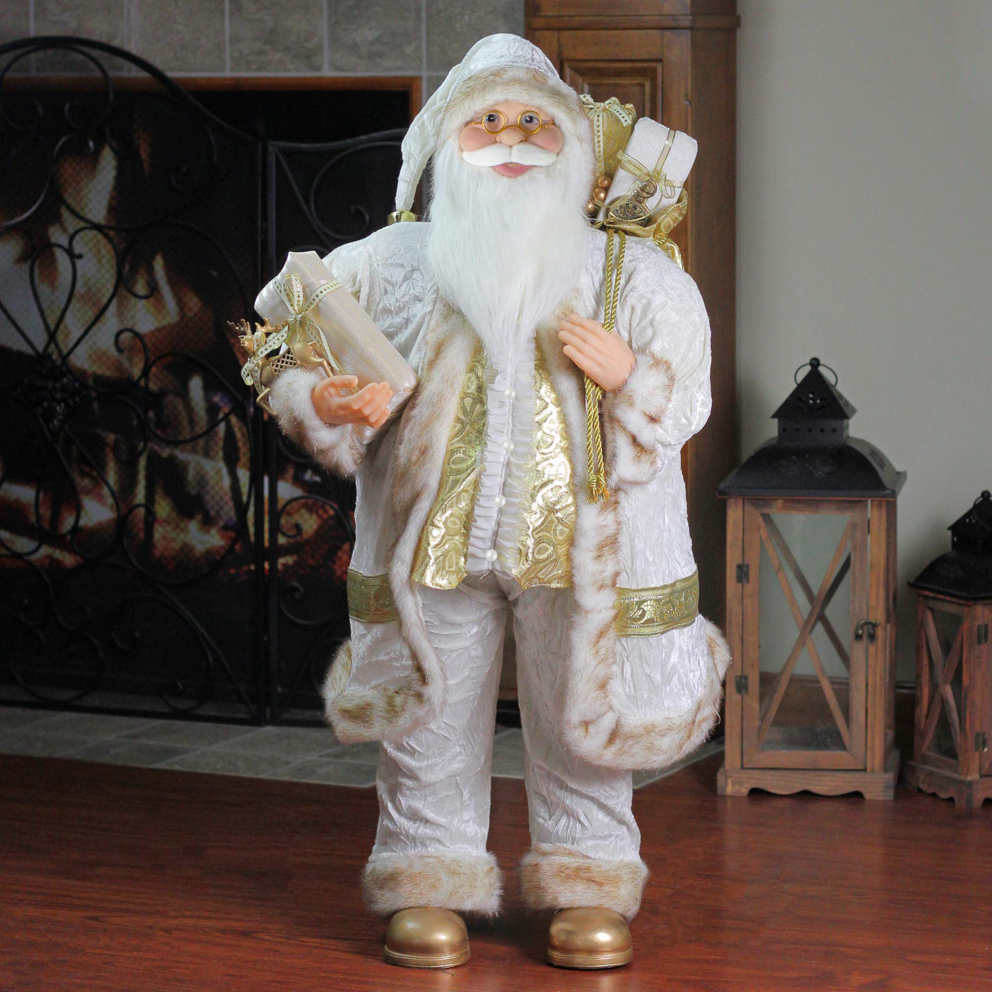 Northlight 36-Inch Standing Santa Claus Christmas Decoration - Glorious Winter White & Ivory Santa Figure with Gift Bag - Perfect for Holiday Home Decor, Christmas Party Centerpiece & Festive Gift Giving