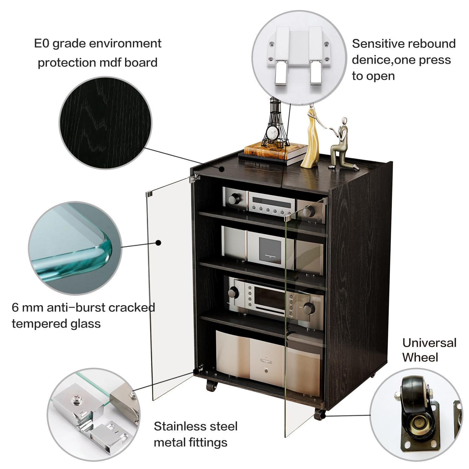 4-Tier Adjustable Media Storage Cabinet with Glass Doors & Pulley - Modern AV Stand for CDs, DVDs, Gaming Consoles & Stereo Components - Perfect for Living Room, Home Theater & Entertainment Centers