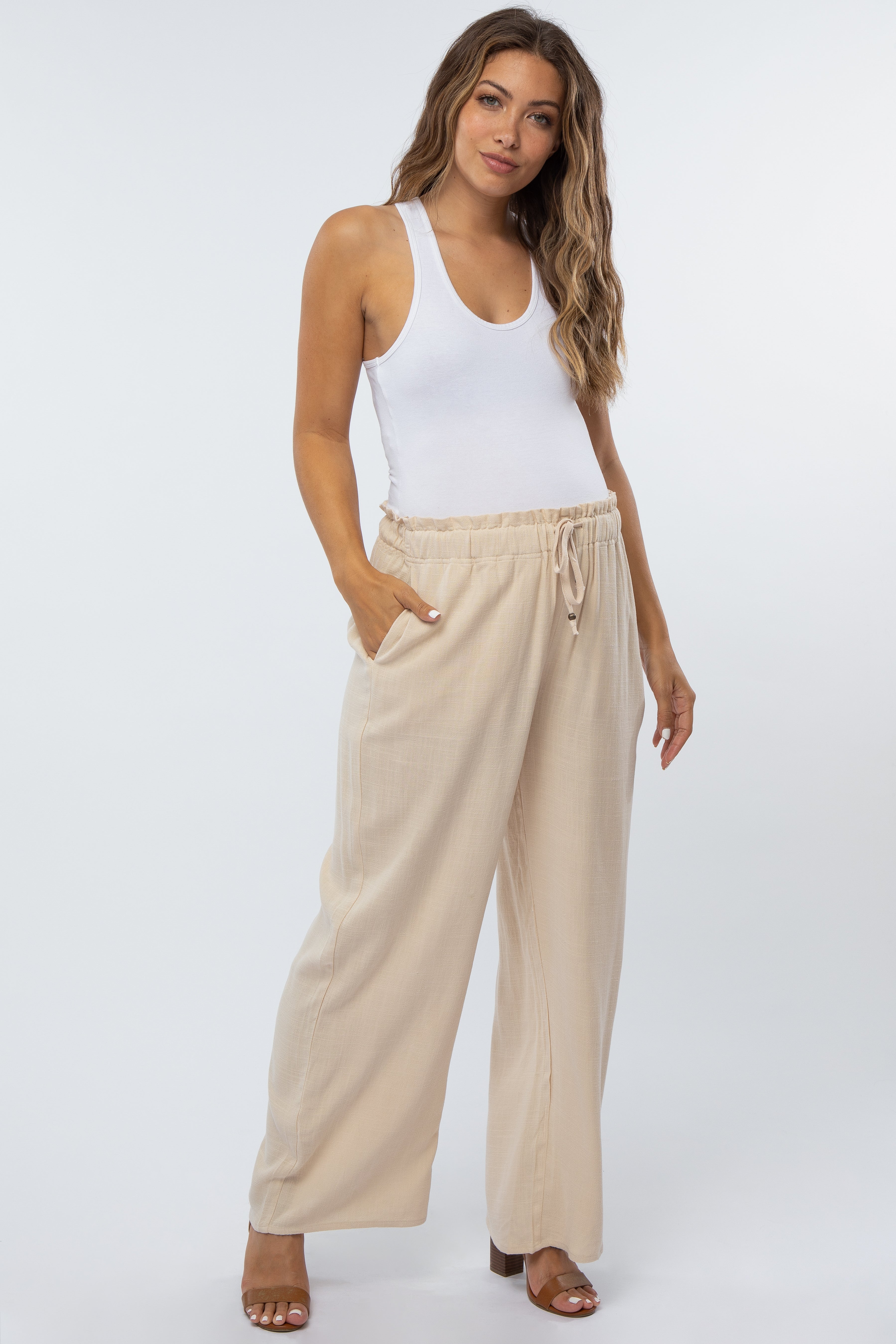 Beige Linen Maternity Pants with Drawstring Waist - Comfortable Pregnancy Pants for Casual Wear & Summer Outfits