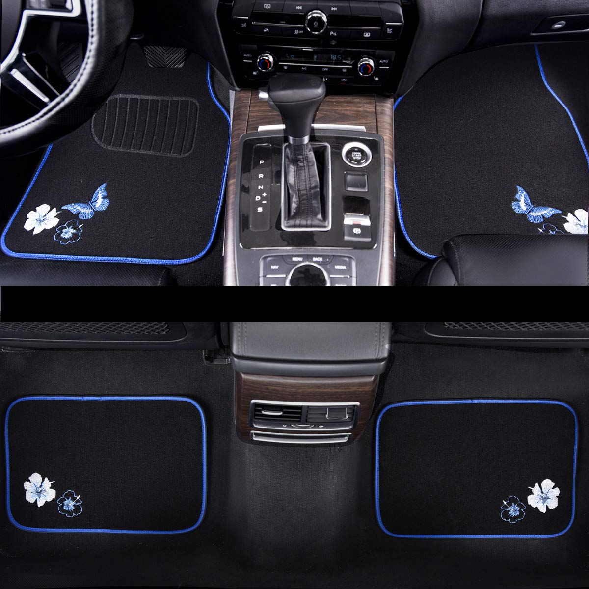 Butterfly and Flower Embroidered Car Floor Mats - Universal Fit for 95% of Cars, SUVs, Sedans & Vans - Blue & Black Set of 4 - Women's Girly Style - Perfect for Daily Commute, Road Trips & Car Interior Decoration