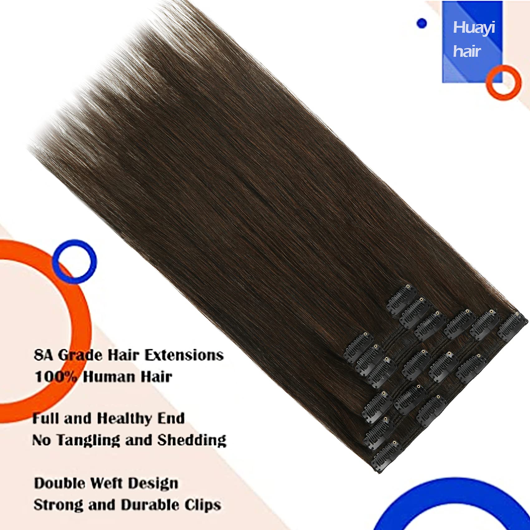 HUAYI Dark Brown 22-Inch 120g 7-Piece Clip-In Human Hair Extensions - Double Weft Thick Ends, Soft & Tangle-Free Straight Hair for Full Head Volume - Natural Balayage Color (#2) | Perfect for Parties, Weddings & Daily Styling
