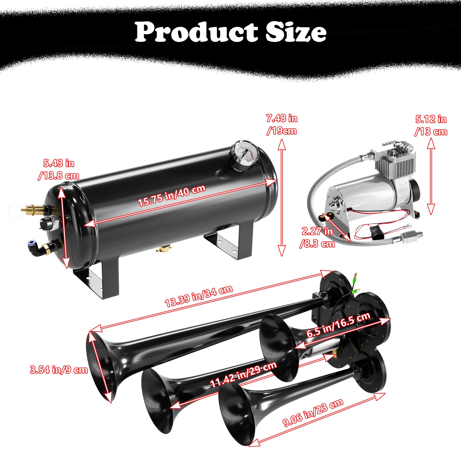 150DB Ultra Loud Train Air Horn Kit for Trucks - 4 Horns, 12V 150 PSI Air Compressor with Built-in 90-120 PSI Pressure Switch & Temperature Controller - 1.59 Gallon Black Tank - Perfect for Emergency Vehicles, Off-Roading & Marine Use