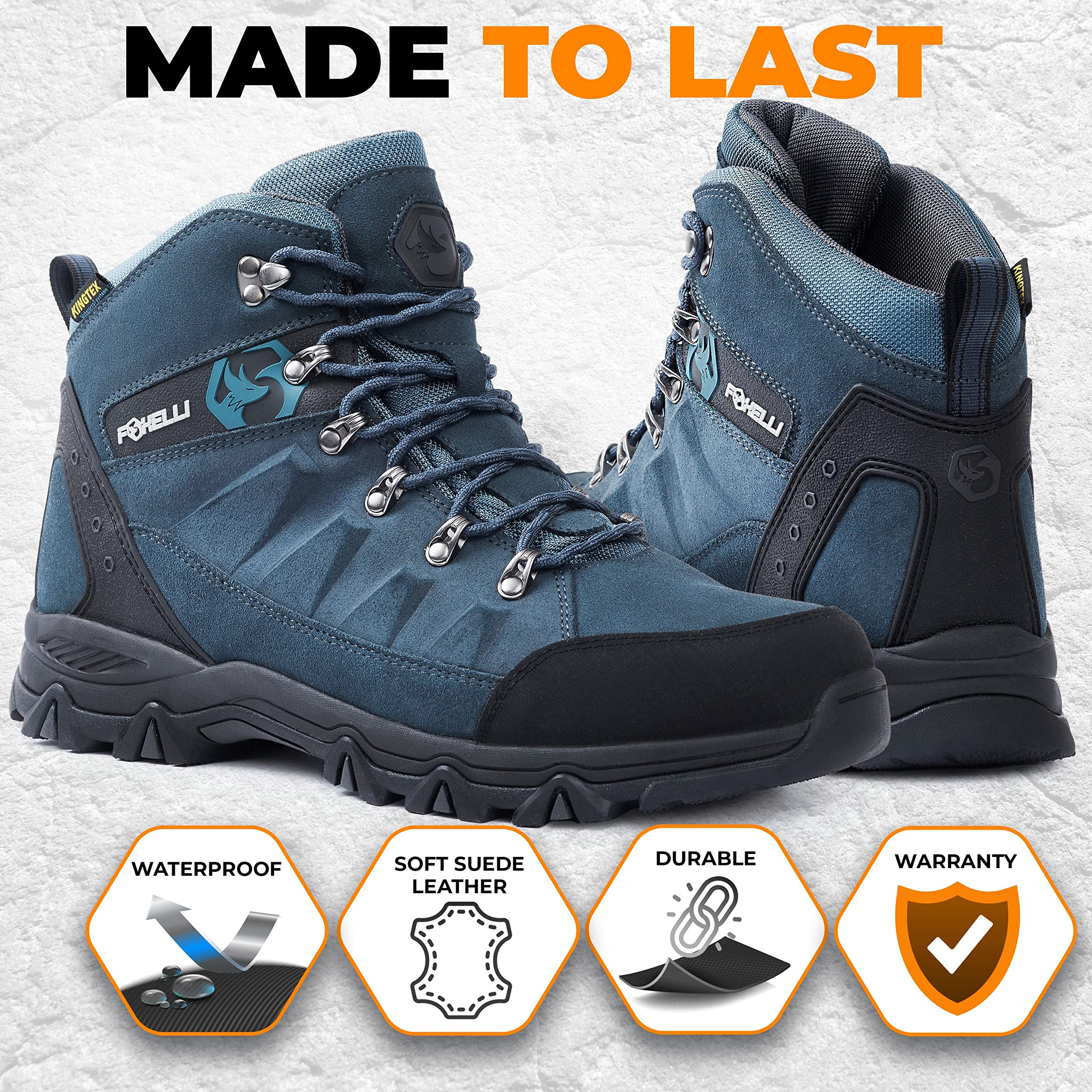 Foxelli Men’s Waterproof Hiking Boots - Lightweight Breathable Suede Leather Outdoor Boots for Trekking & Camping | Perfect for Mountain Trails & All-Day Adventures
