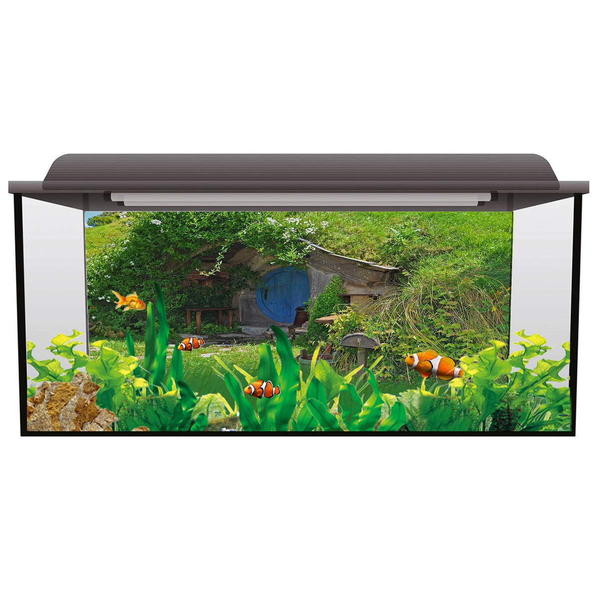 Hobbit Village Aquarium Backdrop Sticker - PVC Adhesive Decal for Fish Tank Decoration