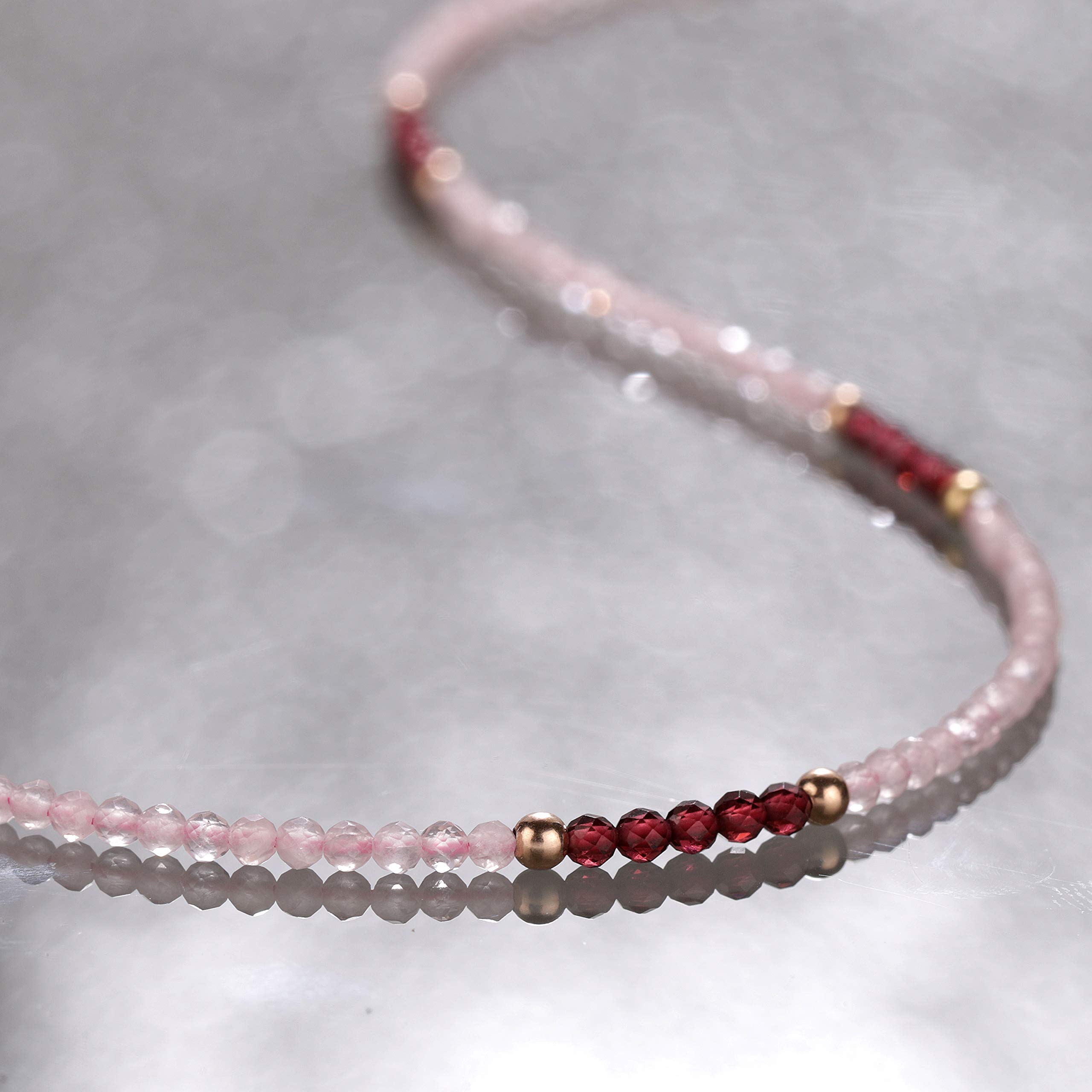 Rose Quartz & Purple Garnet Beaded Stone Necklace - Sterling Silver with Rose Gold Plated Chain | Healing Crystal Jewelry for Meditation, Yoga & Spiritual Gifts