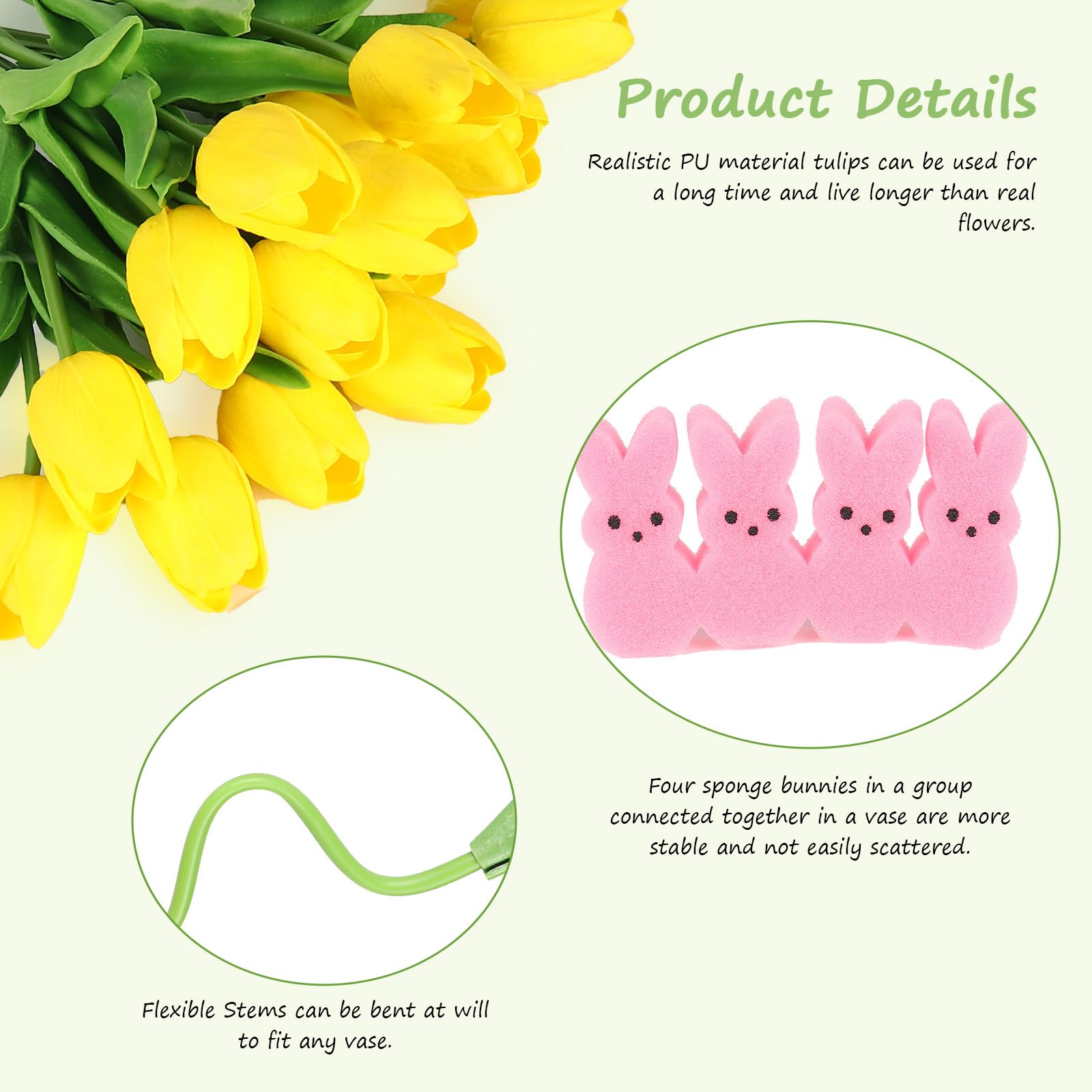 16 Artificial Tulips with 48 Bunnies & Egg Vase Filler Set - Easter Table Decorations, Spring Home Centerpiece for Dining Room, Party, Wedding (Yellow) | Indoor Floral Arrangement & Holiday Decor