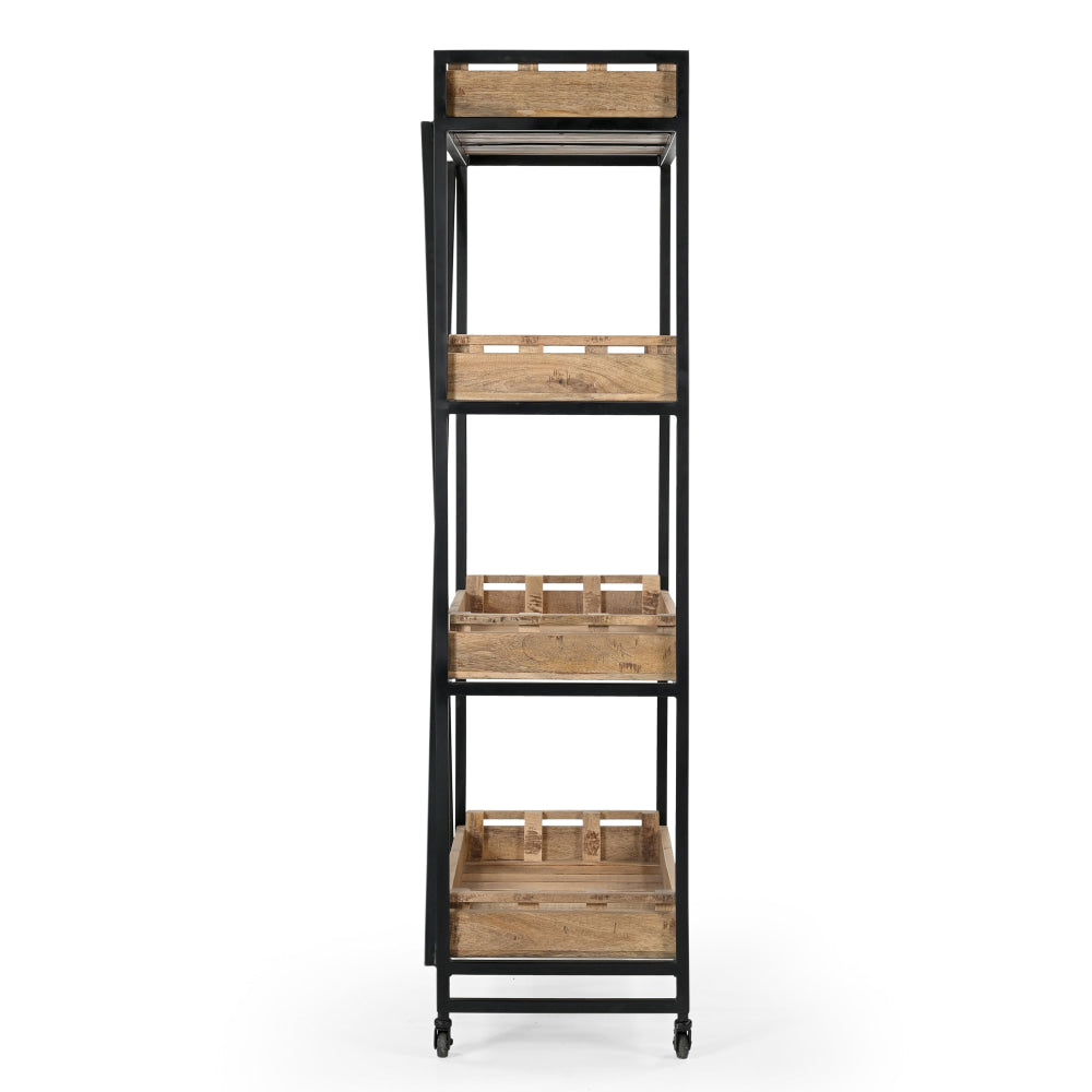 Bistrot De France Industrial Rustic 4-Tier Rolling Bookcase - Vintage Style Mobile Bookshelf for Living Room, Office & Library Storage