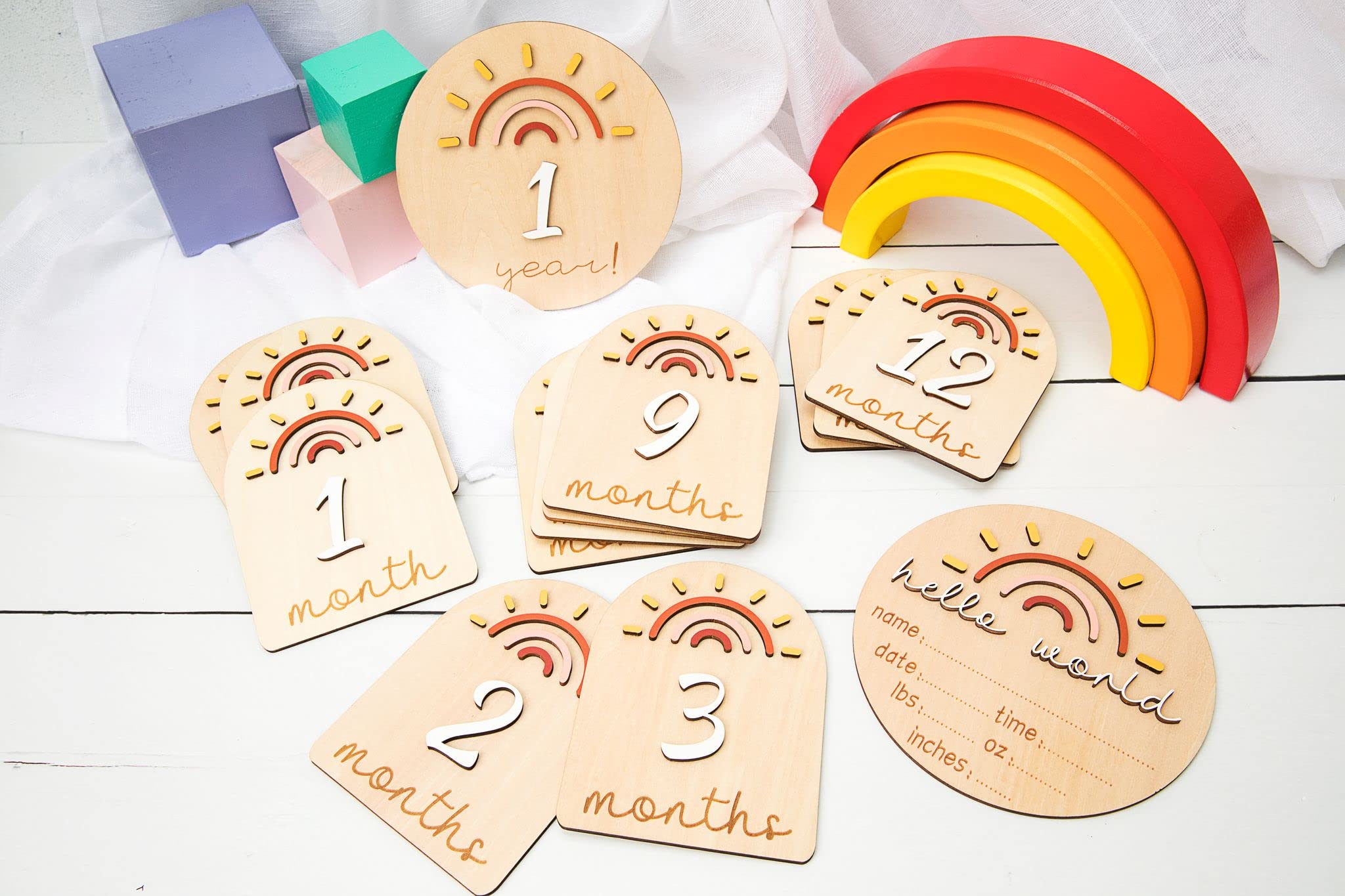 Baby Monthly Milestone Growth Announcement Cards - Wooden Photo Props with Sunshine & Rainbow Boho Design - Perfect for Newborn Photoshoots, First Year Memory Keepsakes, and Pregnancy Gifts