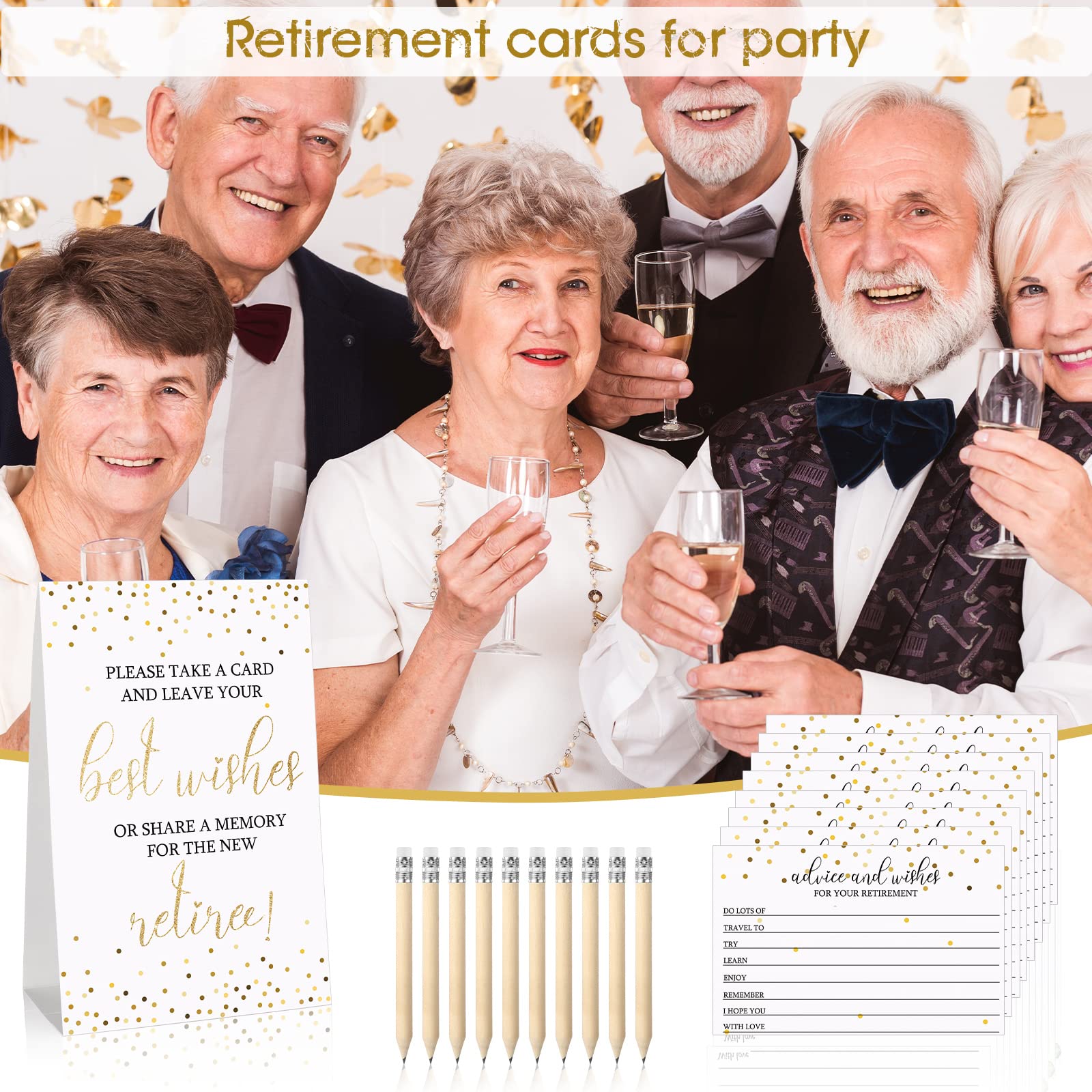 50-Piece Gold Retirement Party Advice & Wishes Cards Set with 10 Mini Pencils & Place Card - Perfect for Retirement Celebrations, Decorations & Guest Activities (Ideal for Office Farewells, Milestone Parties & Retirement Gifts)