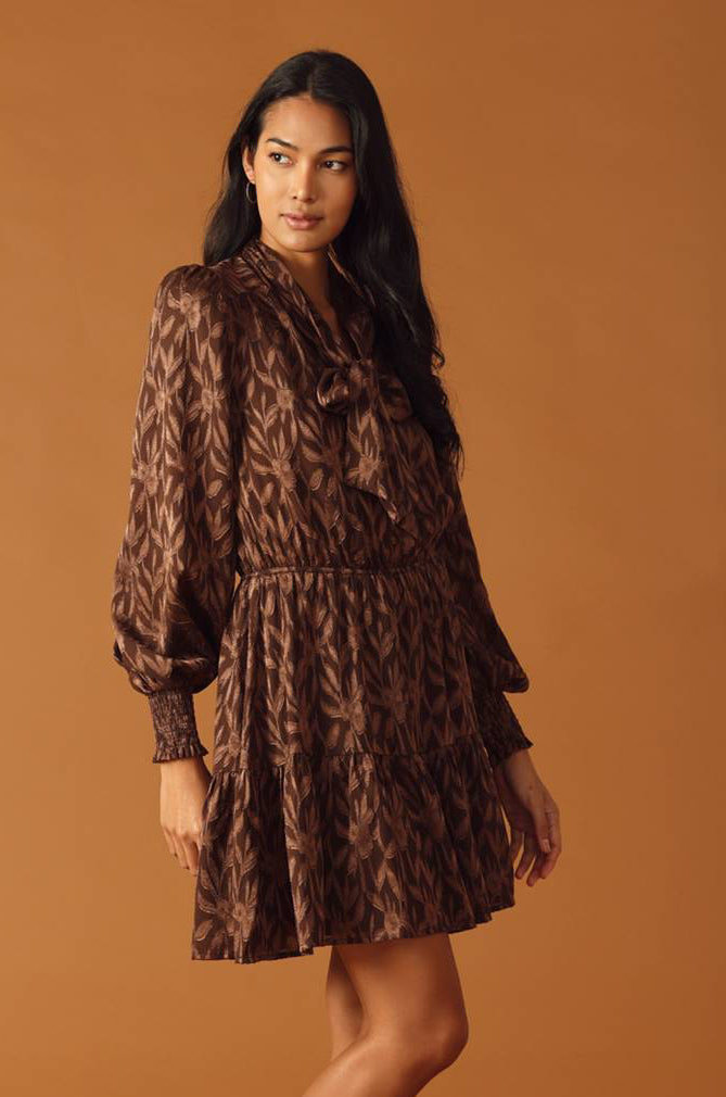 Falling Leaves Brown Long Sleeve Mini Dress - Autumn Floral Print Party Dress for Women, Perfect for Fall Weddings, Date Nights & Holiday Gatherings