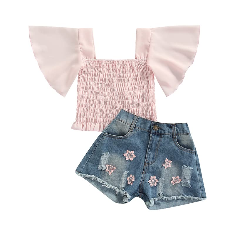 Girls' Summer Outfit - Flutter Sleeve Smocked Crop Top & Embroidered Denim Shorts Set | Cute Toddler Clothes for Beach, Playdates & Outdoor Activities