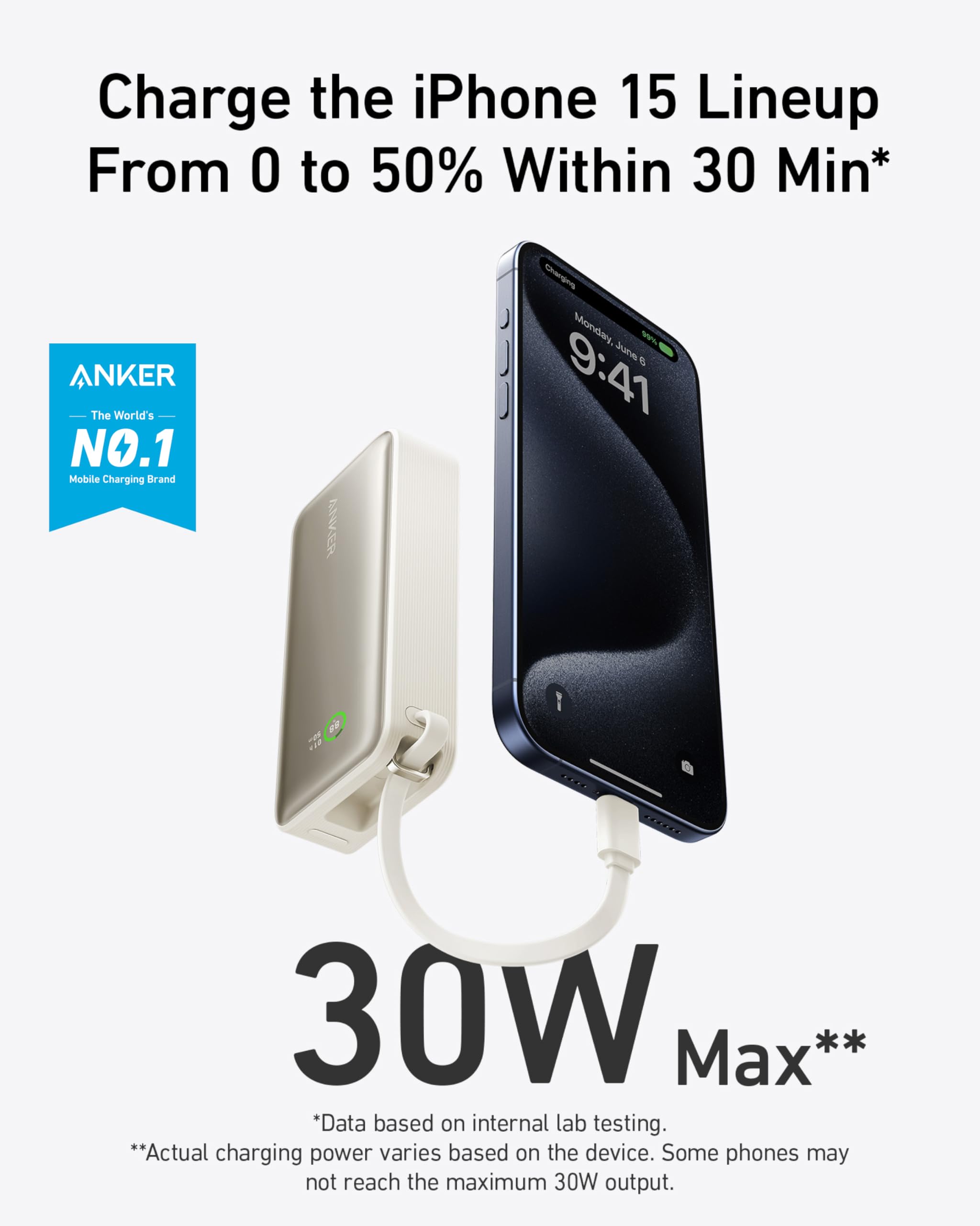 Anker Nano 10,000mAh Power Bank with Built-In USB-C Cable - 30W PD Fast Charging Portable Charger for iPhone 16/15, Samsung Galaxy, iPad, AirPods - Perfect for Travel, Camping & Emergency Power Backup
