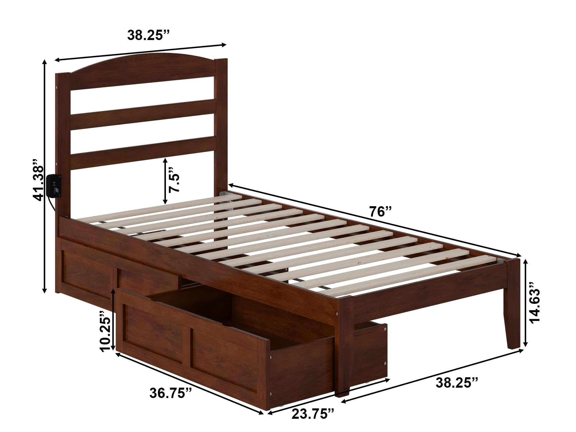 AFI Warren Twin Platform Bed with Storage Drawers (Set of 2) & USB Charger - Space-Saving Walnut Wood Bed Frame for Small Bedrooms, Kids Rooms & Guest Rooms