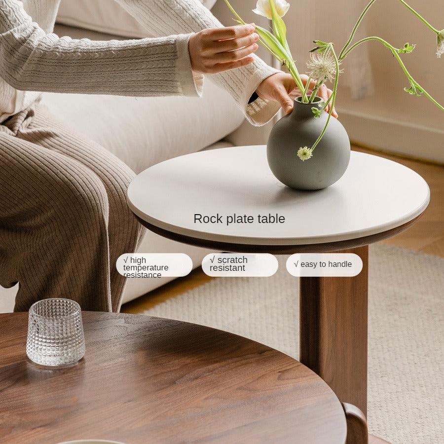 Solid Black Walnut Wood Round Slate Coffee Table - Rustic Modern Living Room Furniture for Home Decor & Tea Time Relaxation