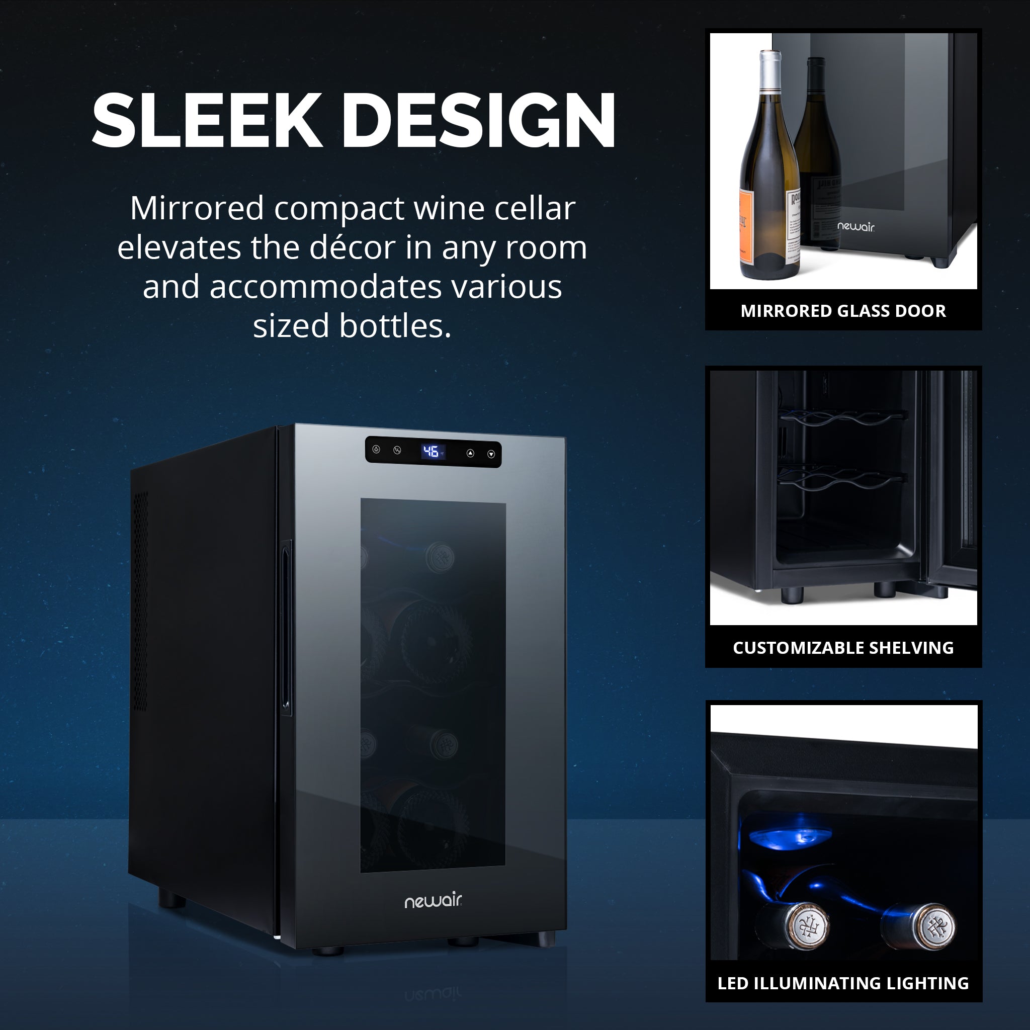 Newair® 8 Bottle 10.2 Inch Black Freestanding Countertop Wine Cooler Refrigerator - Perfect for Kitchen, Bar, Dining Room & Wine Cellar Storage
