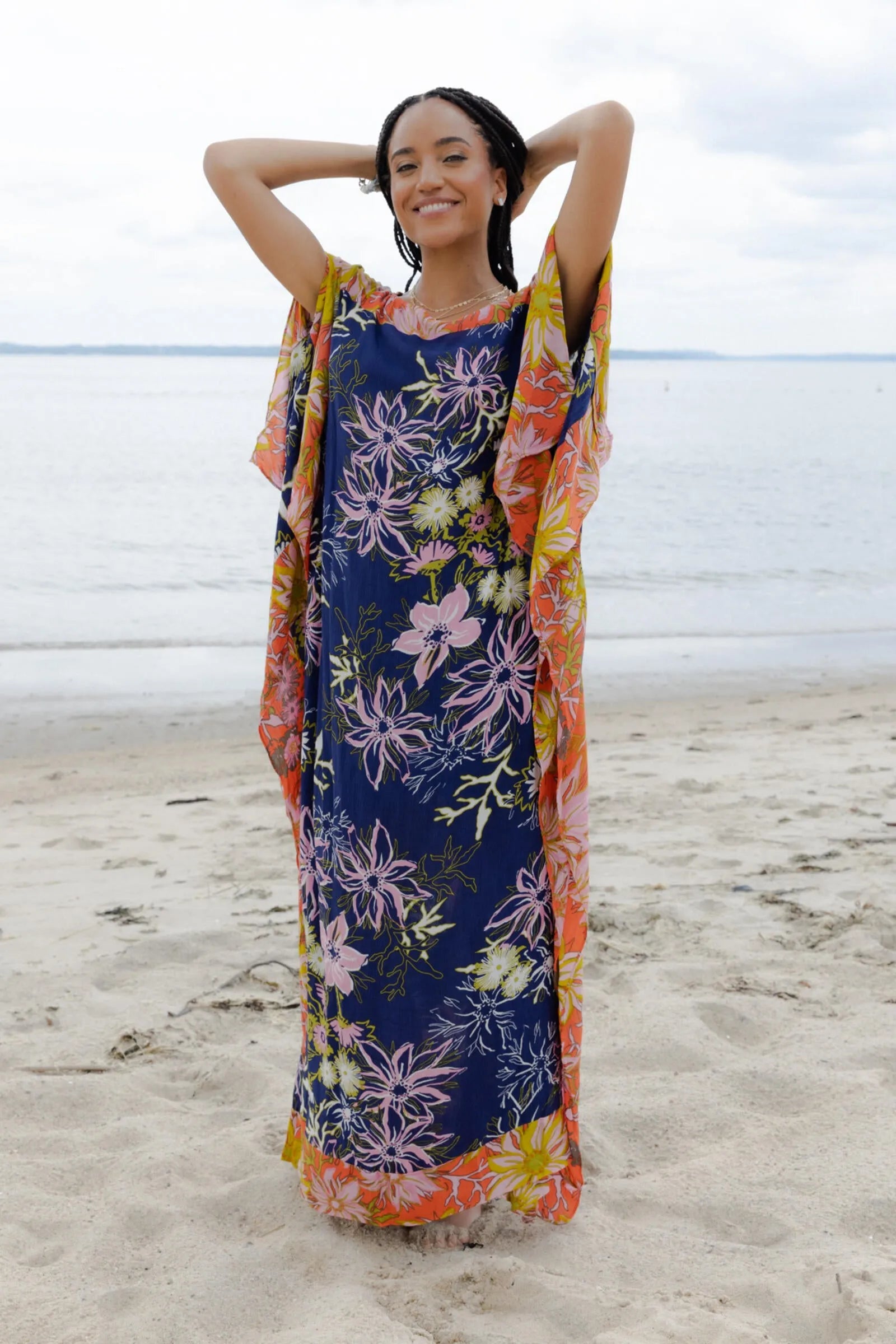 Floral Maxi Kaftan Dress for Women - Bohemian Summer Beach Cover Up, Elegant Long Flowy Dress for Vacation, Pool Party & Resort Wear