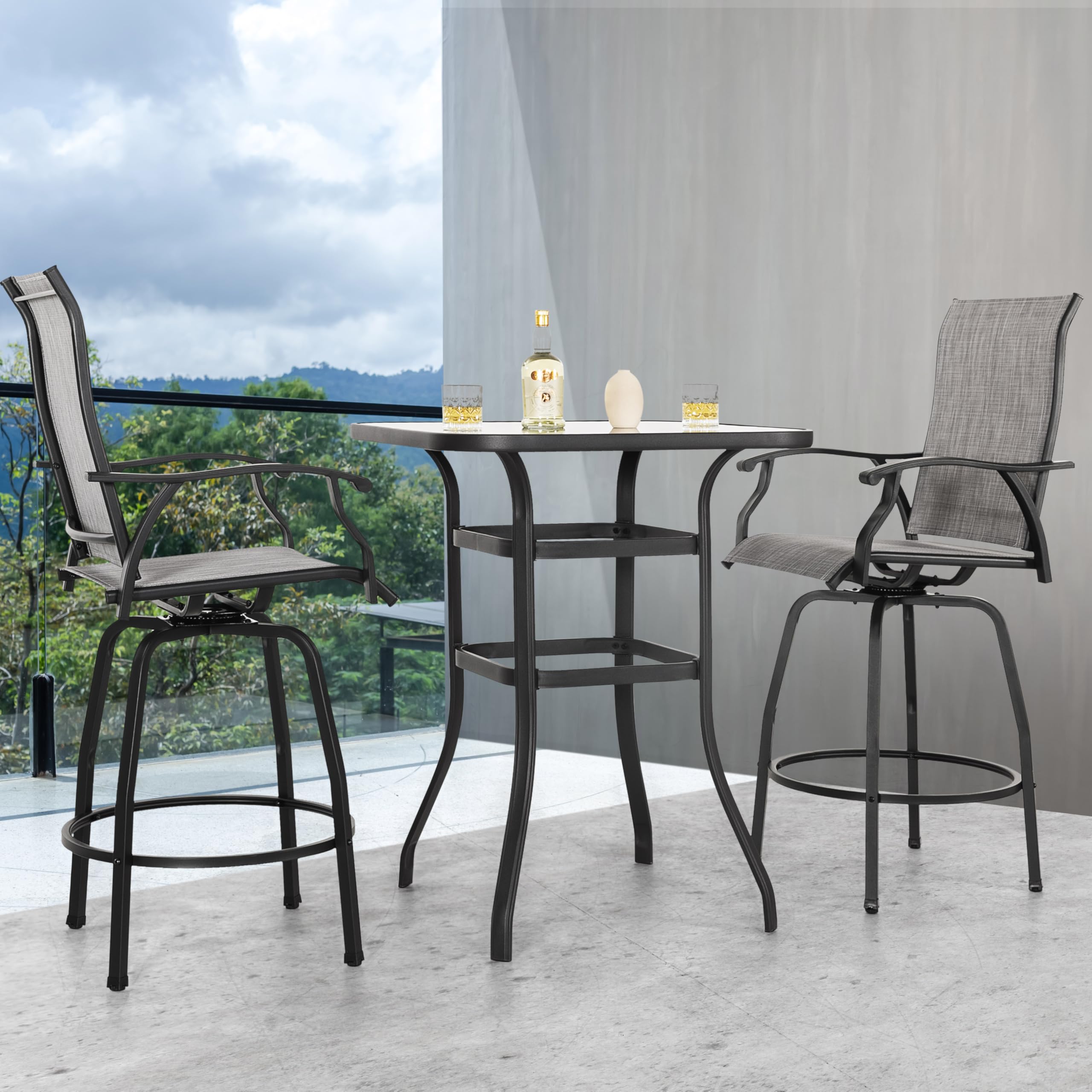 NUU GARDEN 3-Piece Outdoor Patio Bar Set with Tempered Glass Table & Swivel Bar Stools - Gray and Black Patio Furniture for Garden, Backyard, Deck or Poolside Relaxation