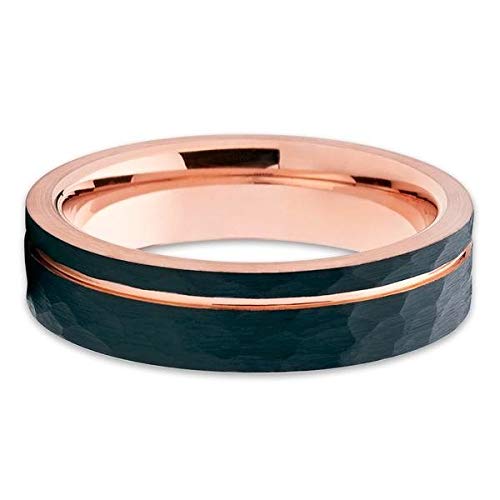 Rose Gold Tungsten Wedding Band for Men & Women - Black Tungsten Ring with 18K Rose Gold Plating - Hammered Comfort Fit Wedding Ring - Perfect for Anniversaries, Engagements & Everyday Wear
