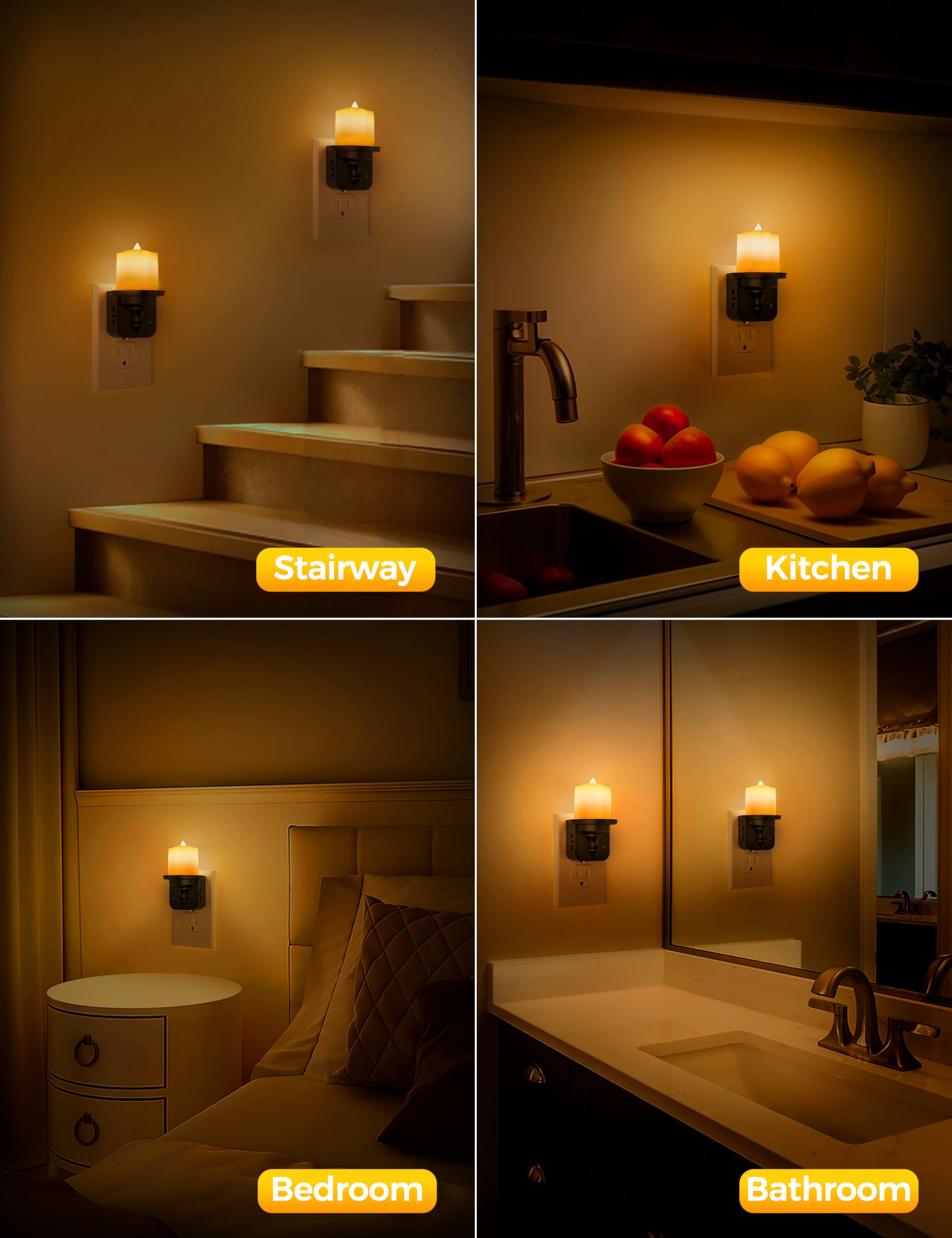 Dimmable LED Flameless Candle Night Light Plug-in with Light Sensor (2 Pack) - 0-100LM Amber Nightlight for Kids, Hallway, Bathroom - Perfect for Bedrooms, Nurseries & Home Decor