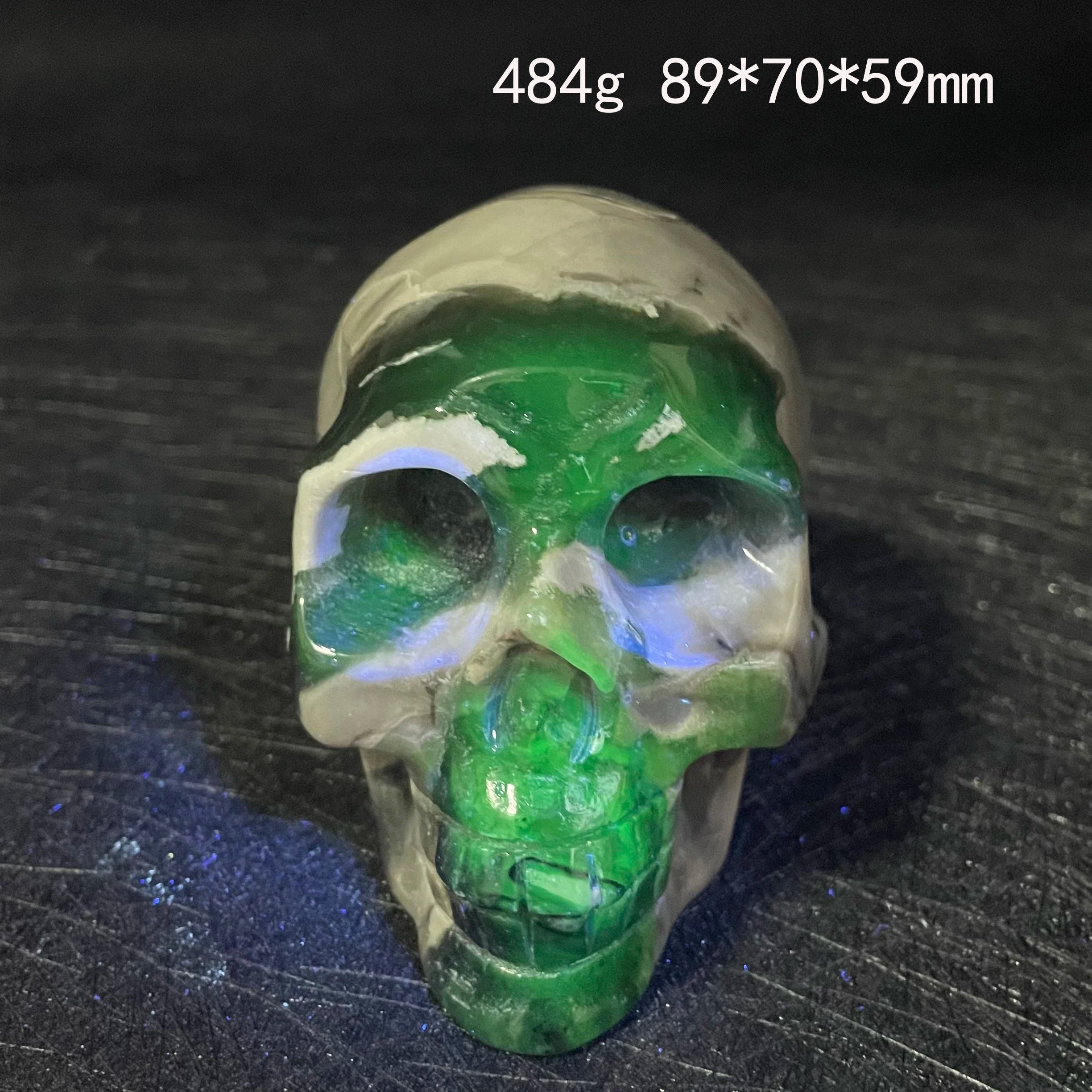 Natural Fluorescent Volcanic Agate Crystal Skull Carving - Polished Quartz Alien Head Stone for Reiki Healing, Meditation & Home Decor (Perfect for Spiritual Gifts, Yoga Spaces & Gothic Collections)