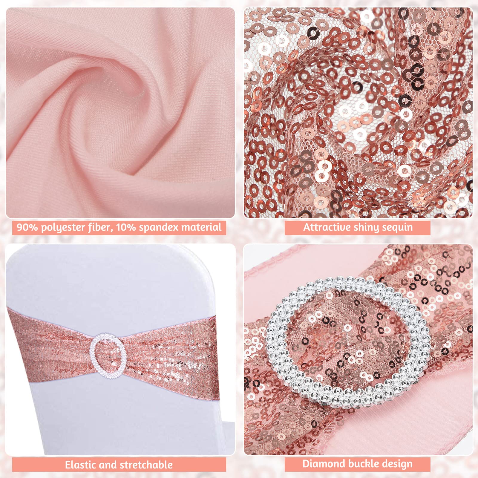80-Piece Rose Gold Sequin Chair Sashes with Buckles - One-Sided Glamorous Wedding, Birthday & Valentine's Party Decorations - Perfect for Banquets, Hotel Events & Chair Decor