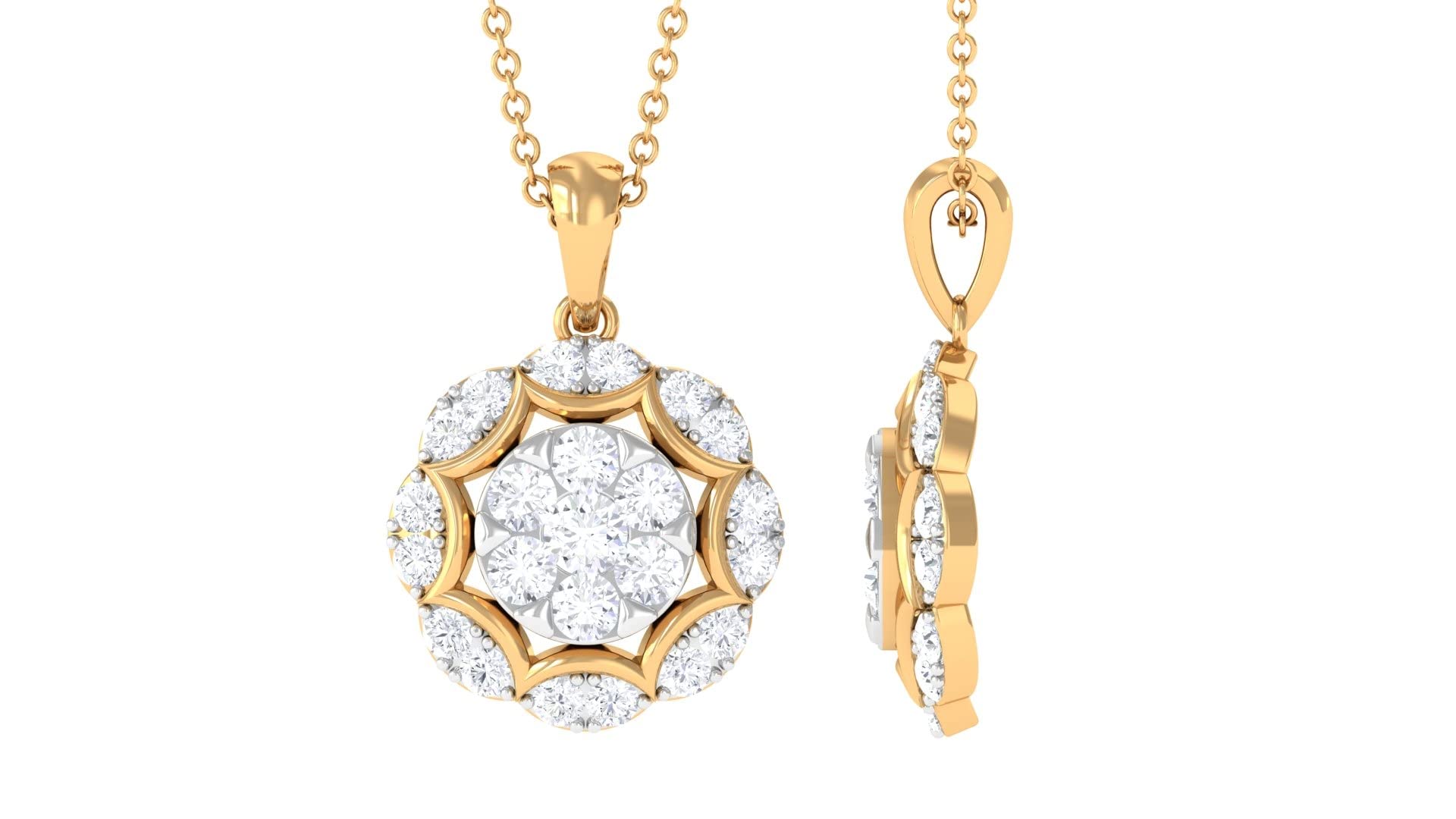 Natural Diamond Pendant Necklace for Women - 14K Solid Gold Bridal Jewelry Set with Illusion Diamond Chain - Perfect for Weddings, Anniversaries & Special Occasions