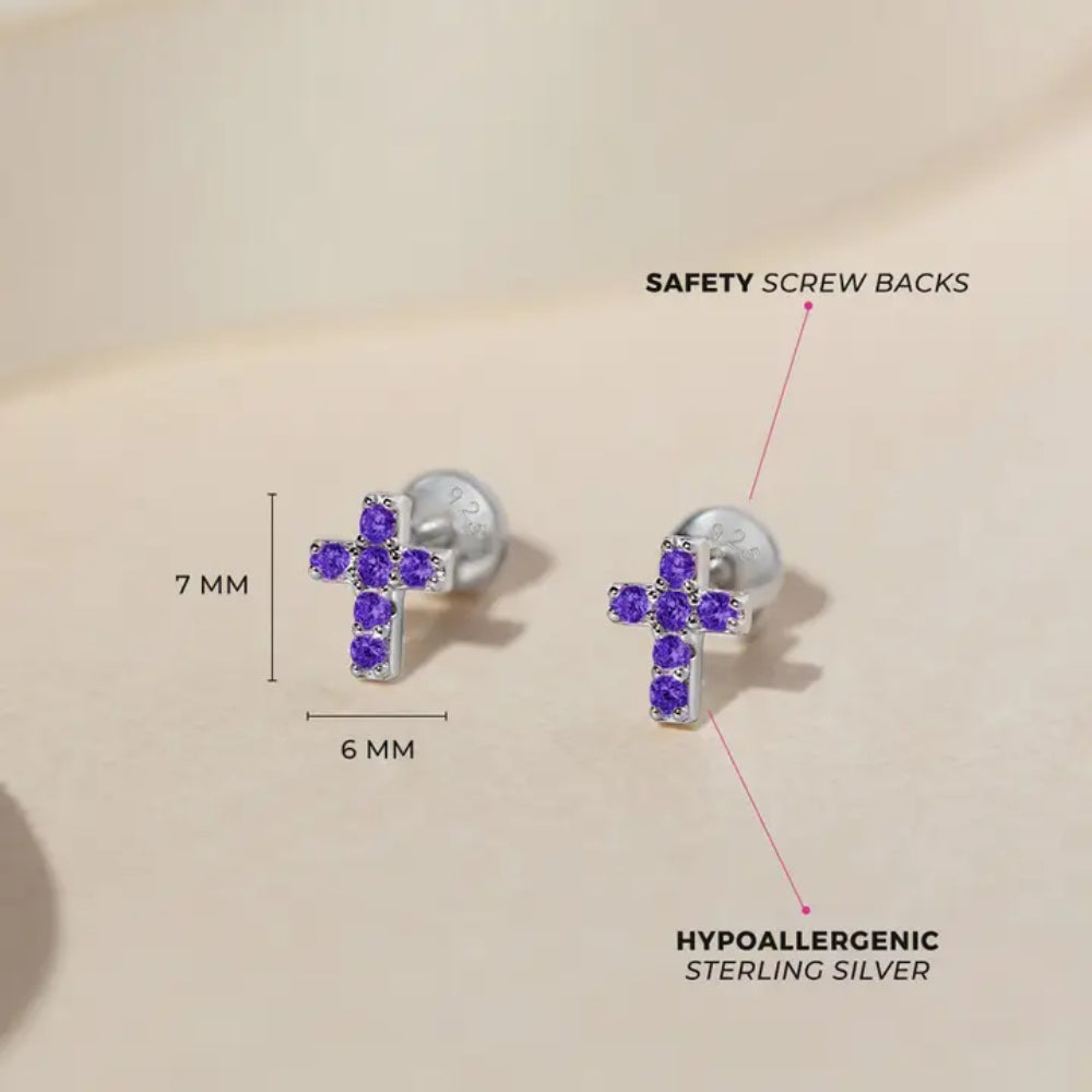 Kids' Sterling Silver & Cubic Zirconia 7mm Cross Earrings - Perfect for First Communion, Baptism & Everyday Wear