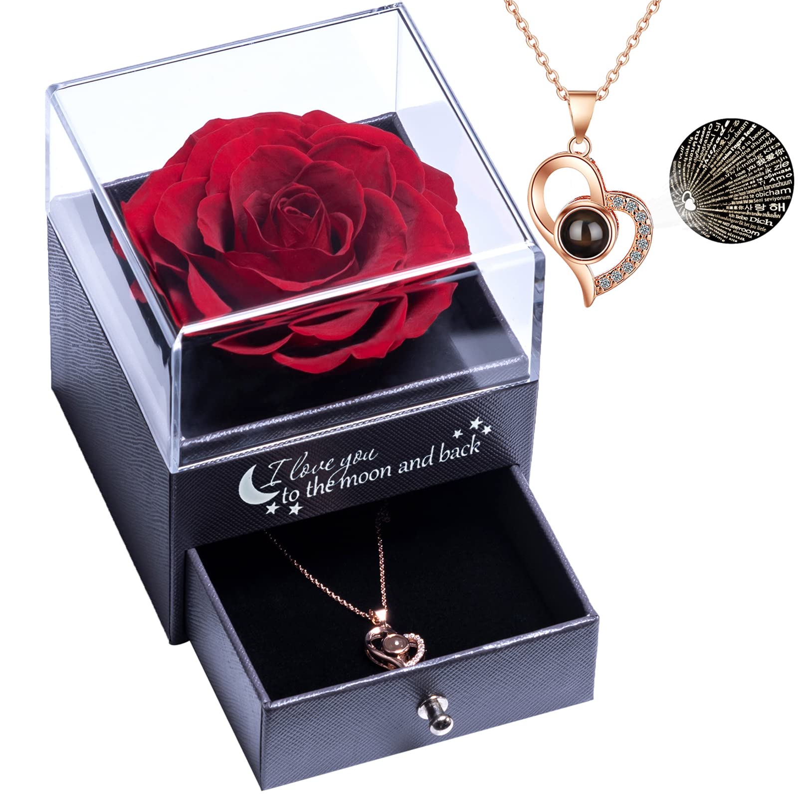 Eternal Real Preserved Rose in Gift Box with 'Love You in 100 Languages' Necklace - Romantic Valentine's Day, Mother's Day, Wedding Anniversary & Birthday Gift for Women - Perfect for Proposals, Anniversaries & Special Occasions (Red)