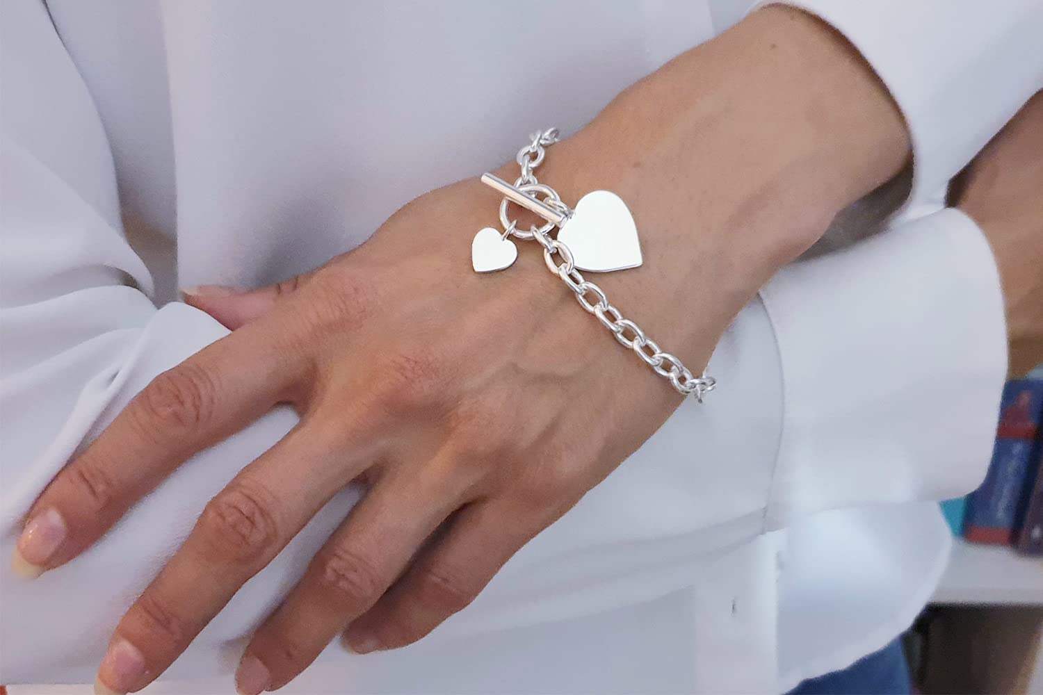 Strictly Gifts Sterling Silver Double Heart Charm Bracelet with Adjustable Toggle Clasp - Perfect for Valentine's Day Gifts, Anniversary Presents & Everyday Elegant Wear